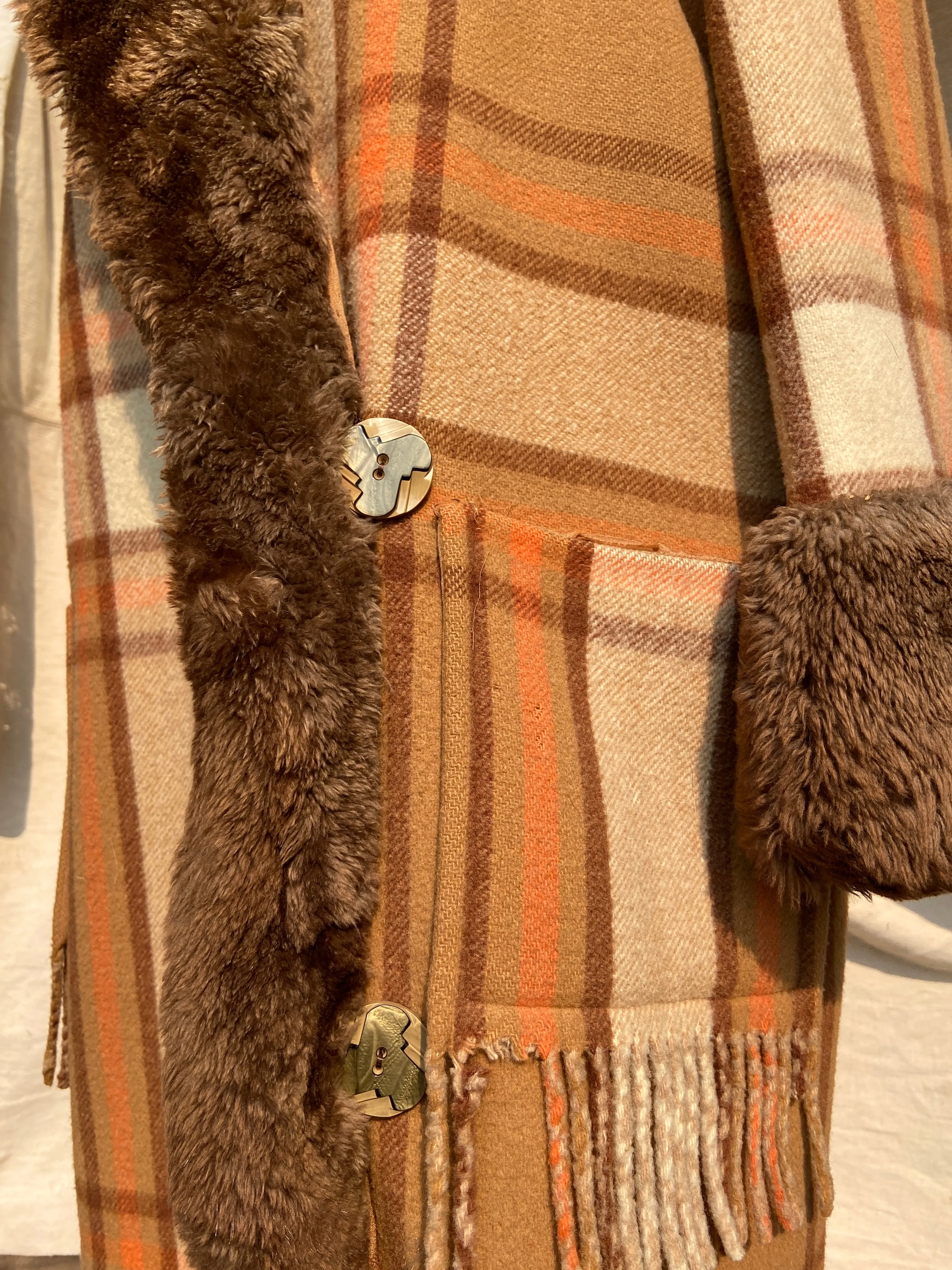 RESERVED~ 1920s Plaid Wool Fur Trimmed Fringe Coat
