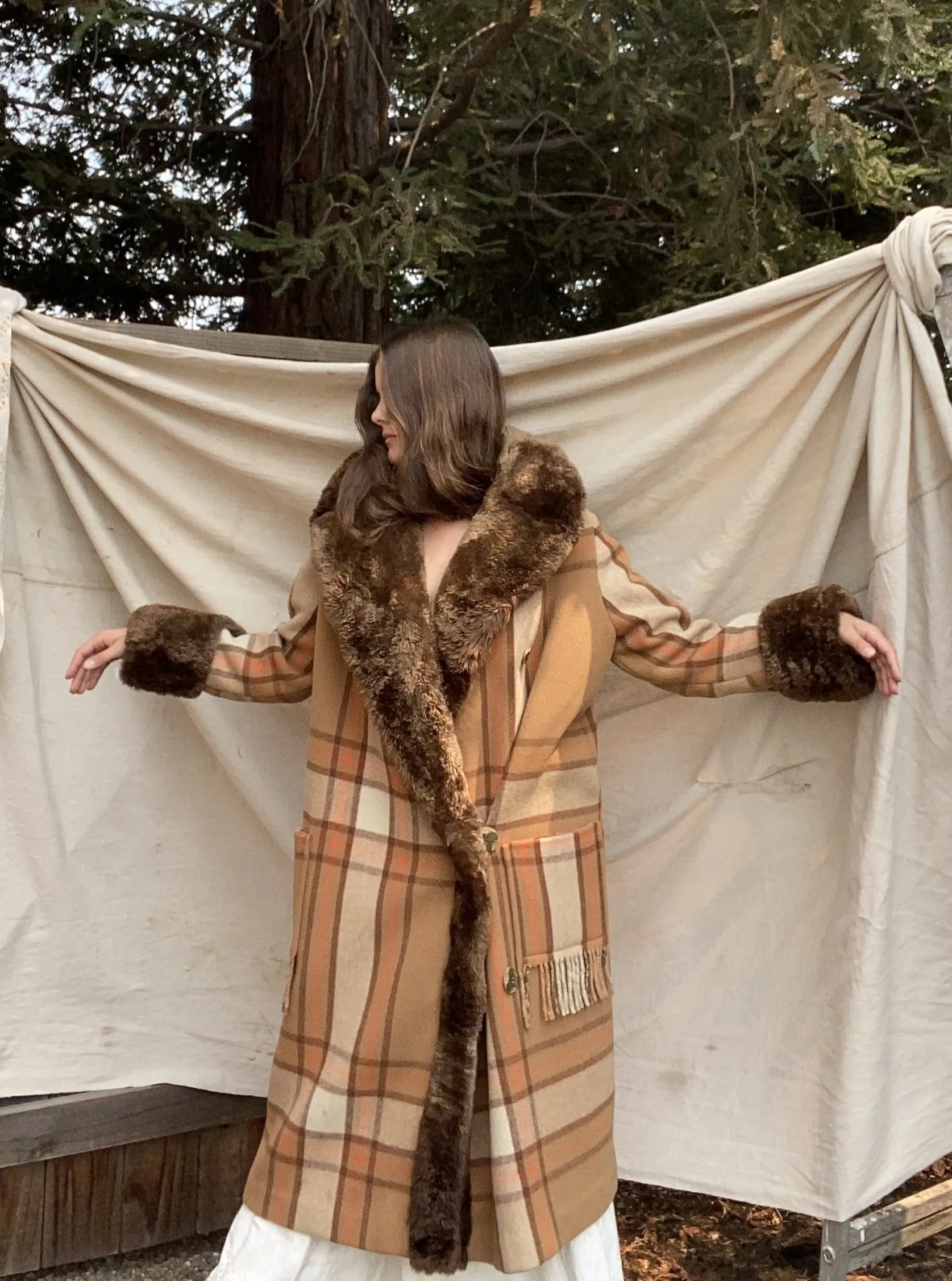 RESERVED~ 1920s Plaid Wool Fur Trimmed Fringe Coat