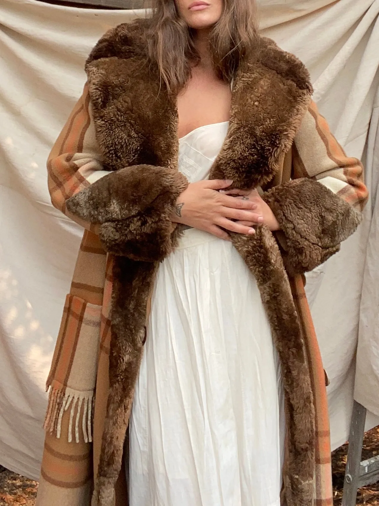 RESERVED~ 1920s Plaid Wool Fur Trimmed Fringe Coat