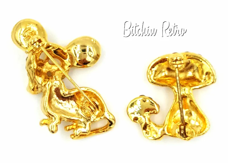 Rhinestone Brooch Mouse and Mushroom Lot  Retro Pins