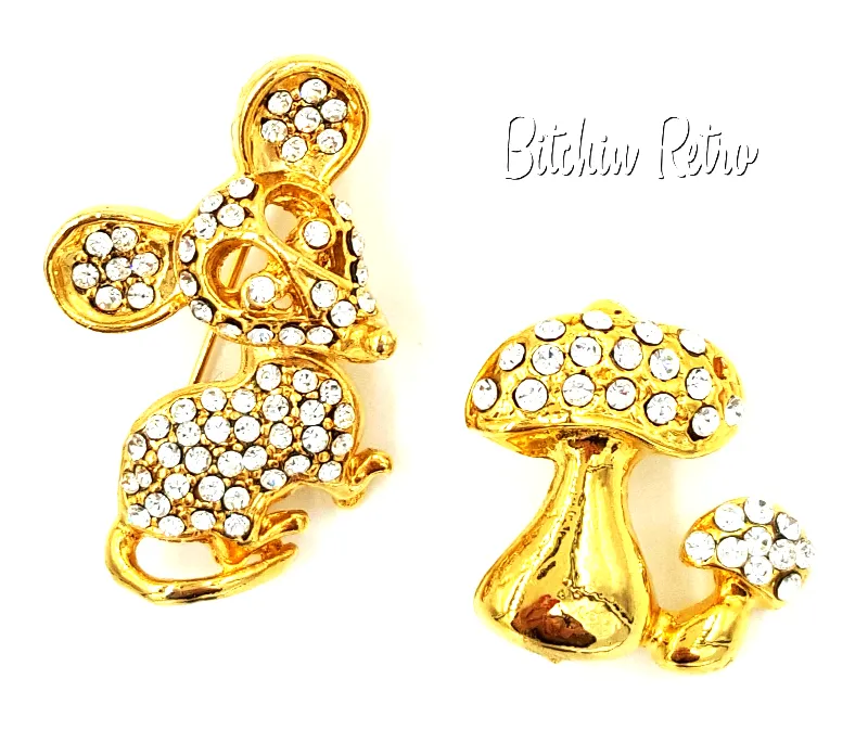 Rhinestone Brooch Mouse and Mushroom Lot  Retro Pins