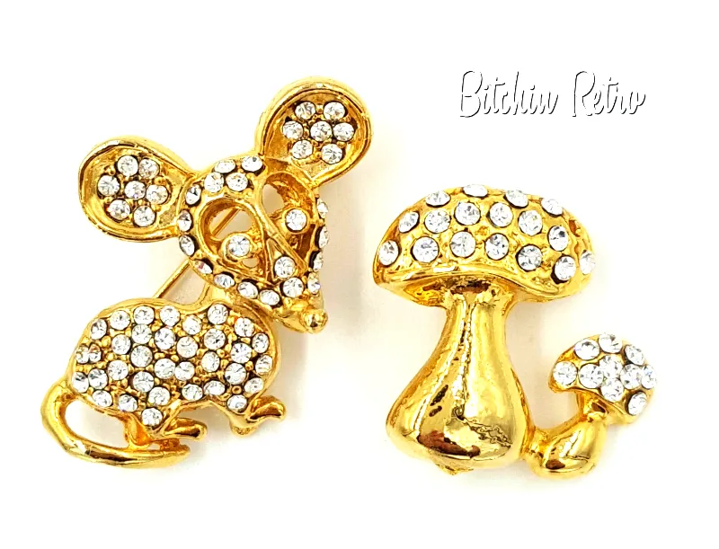 Rhinestone Brooch Mouse and Mushroom Lot  Retro Pins