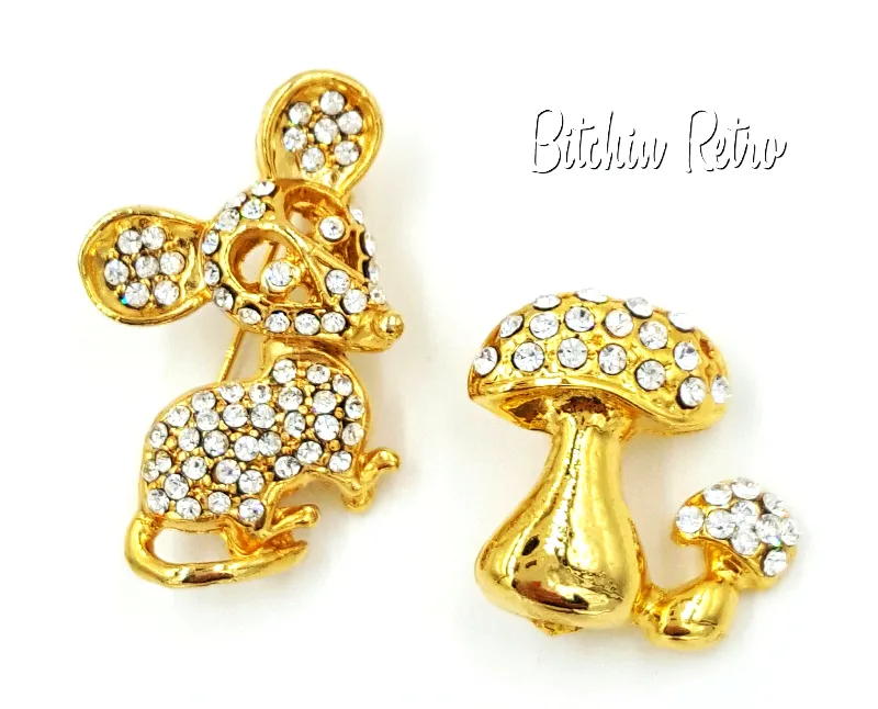 Rhinestone Brooch Mouse and Mushroom Lot  Retro Pins