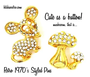Rhinestone Brooch Mouse and Mushroom Lot  Retro Pins
