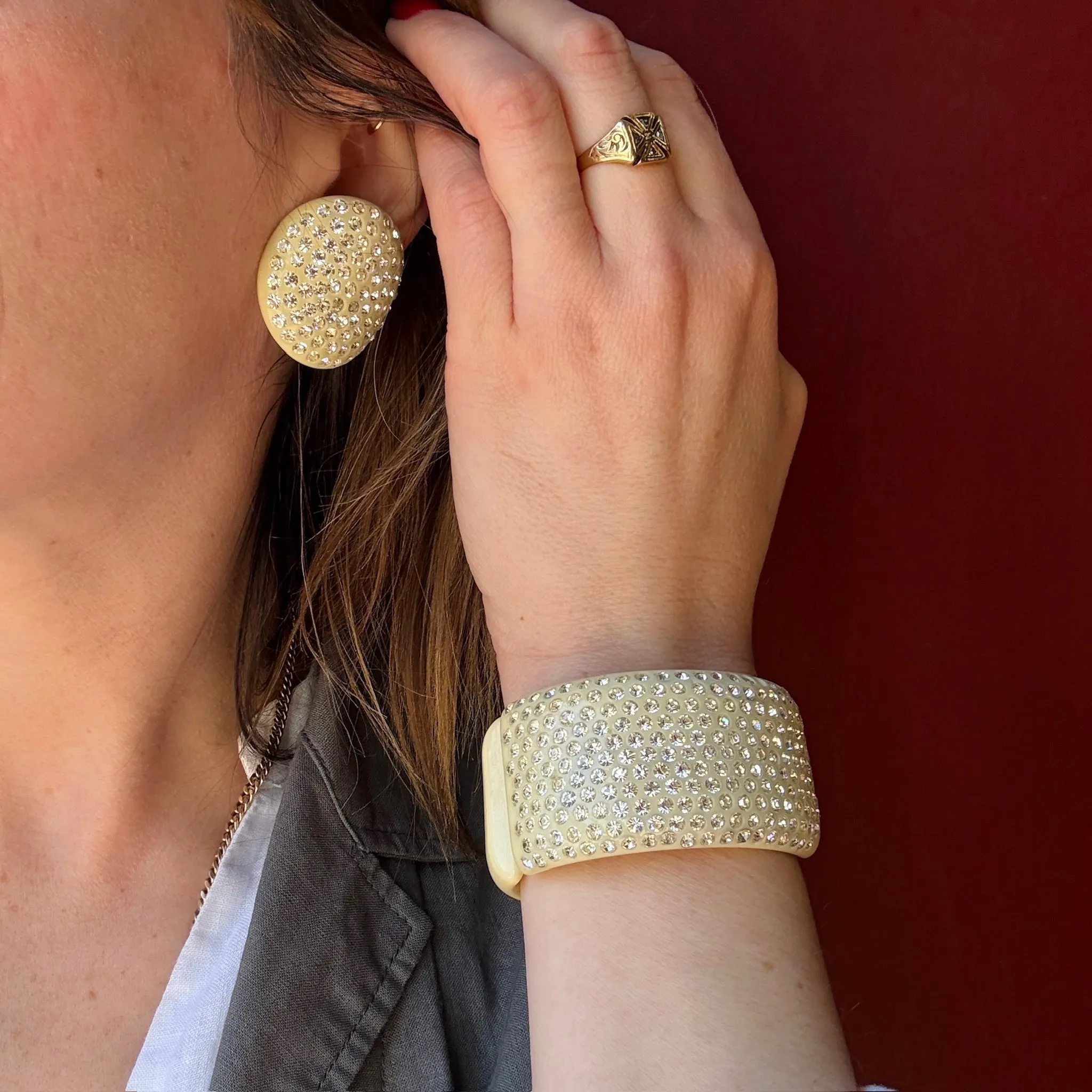 Rhinestone Paved Celluloid Clamper Bracelet & Earrings