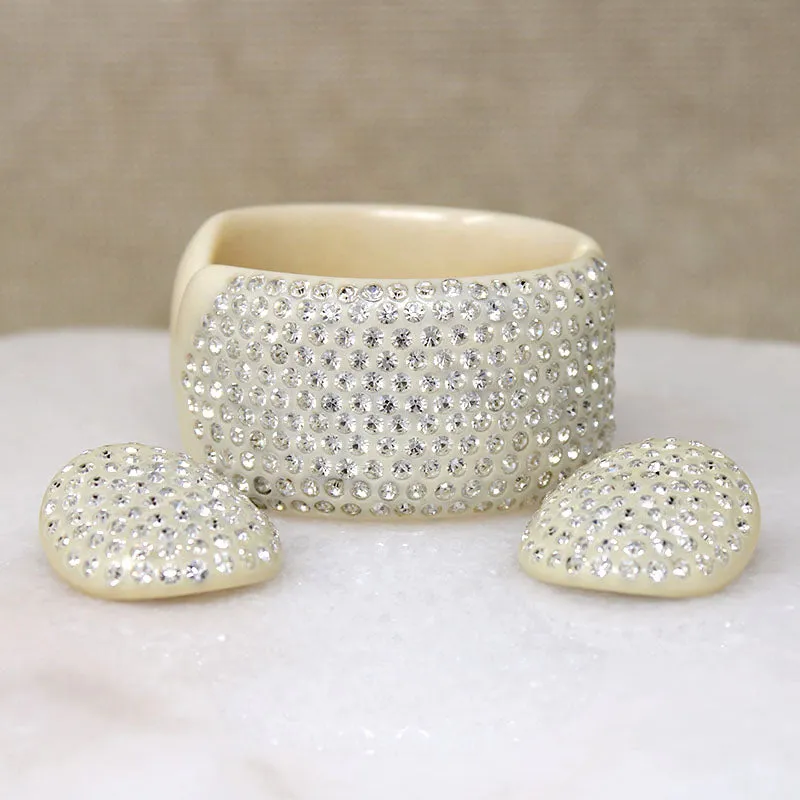 Rhinestone Paved Celluloid Clamper Bracelet & Earrings