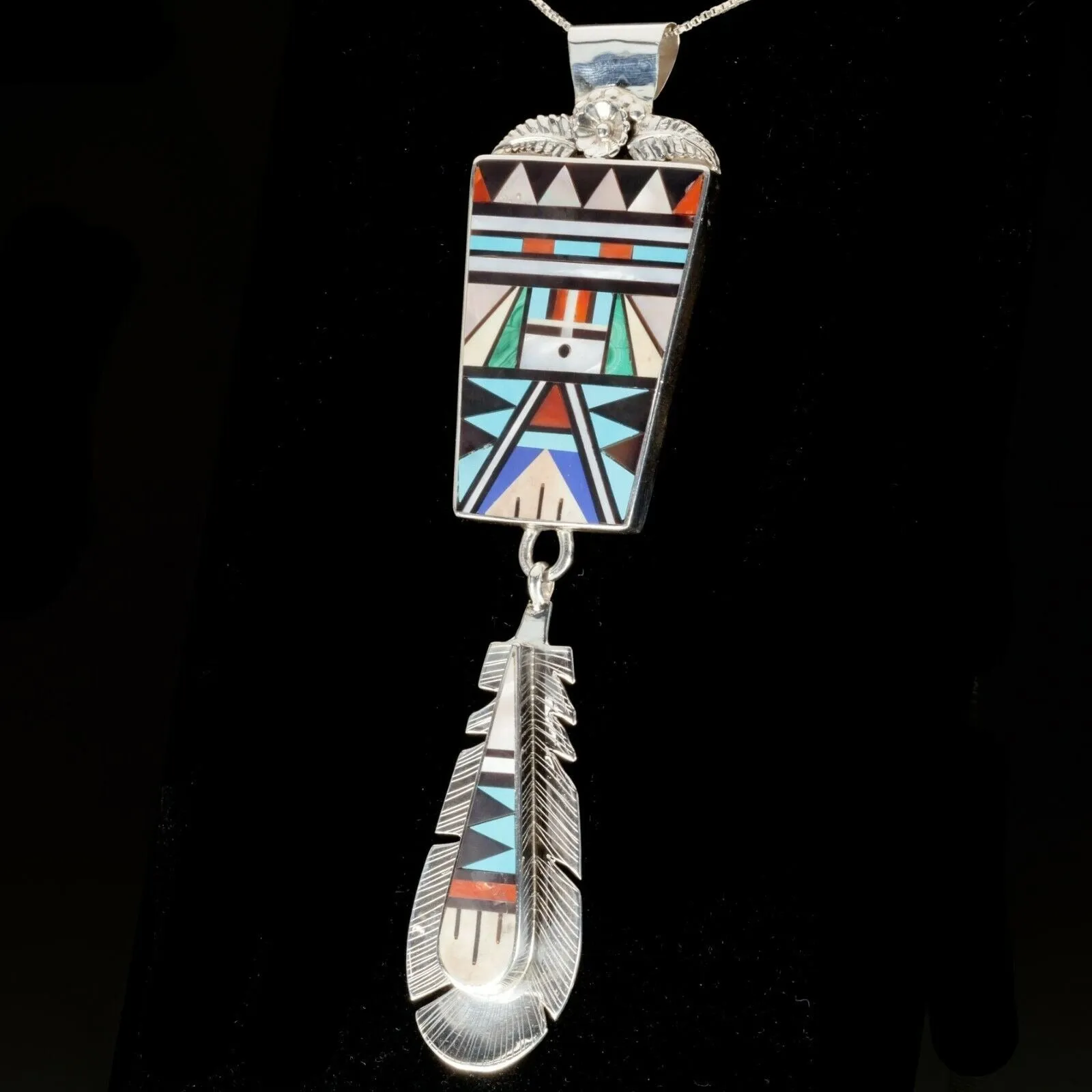 Rick & Lucy Vacit zuni Sterling & gemstone inlay Feather pendant 6"