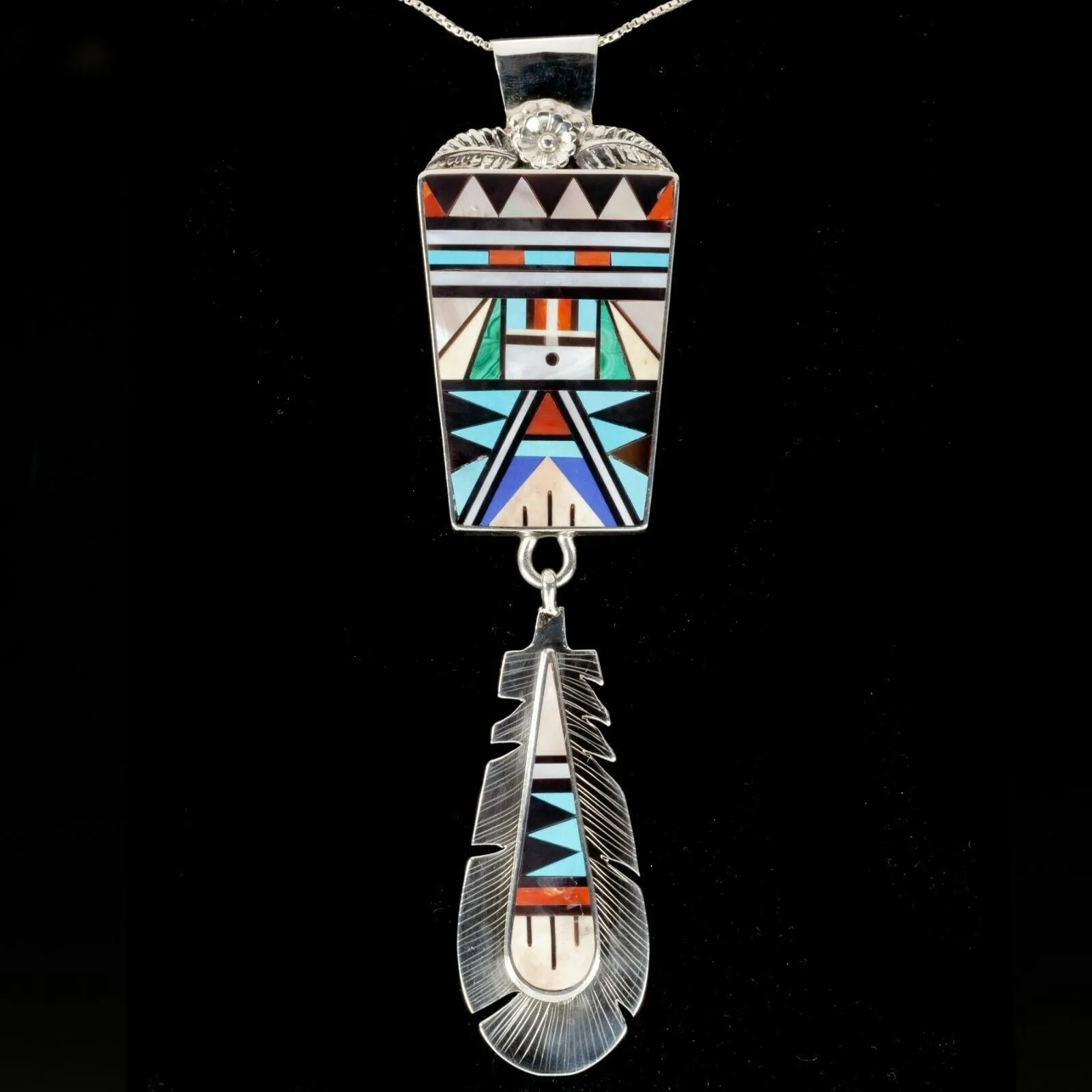 Rick & Lucy Vacit zuni Sterling & gemstone inlay Feather pendant 6"