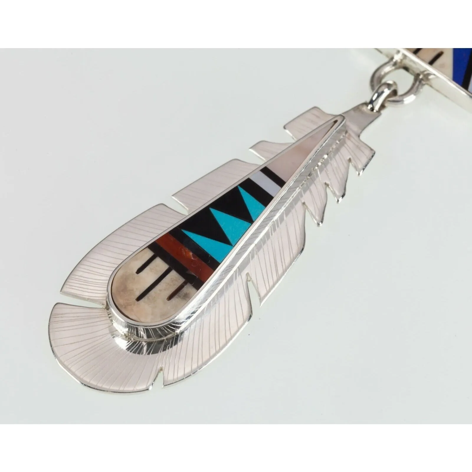 Rick & Lucy Vacit zuni Sterling & gemstone inlay Feather pendant 6"