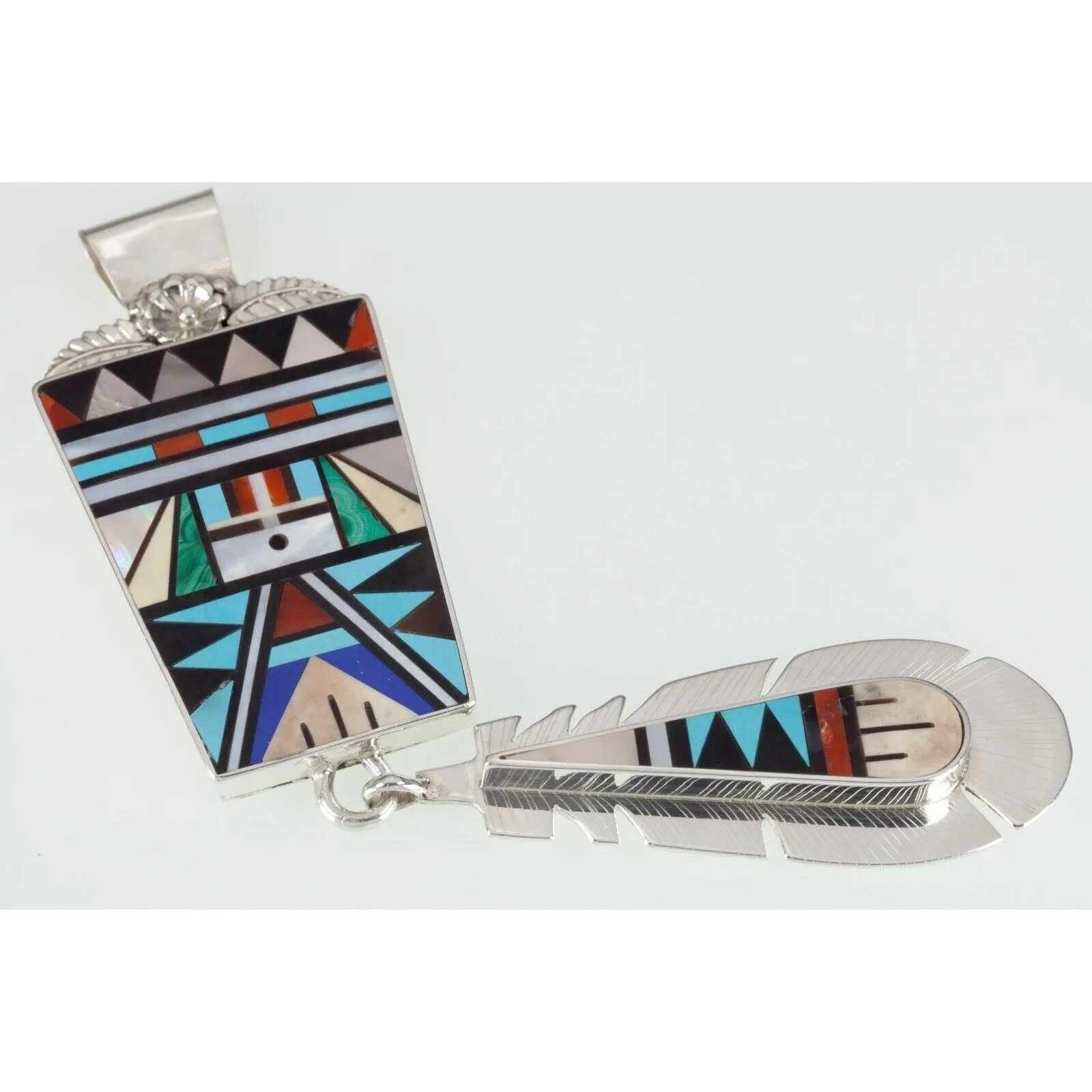 Rick & Lucy Vacit zuni Sterling & gemstone inlay Feather pendant 6"
