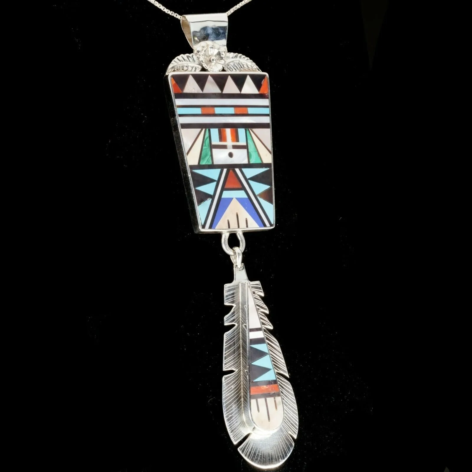 Rick & Lucy Vacit zuni Sterling & gemstone inlay Feather pendant 6"