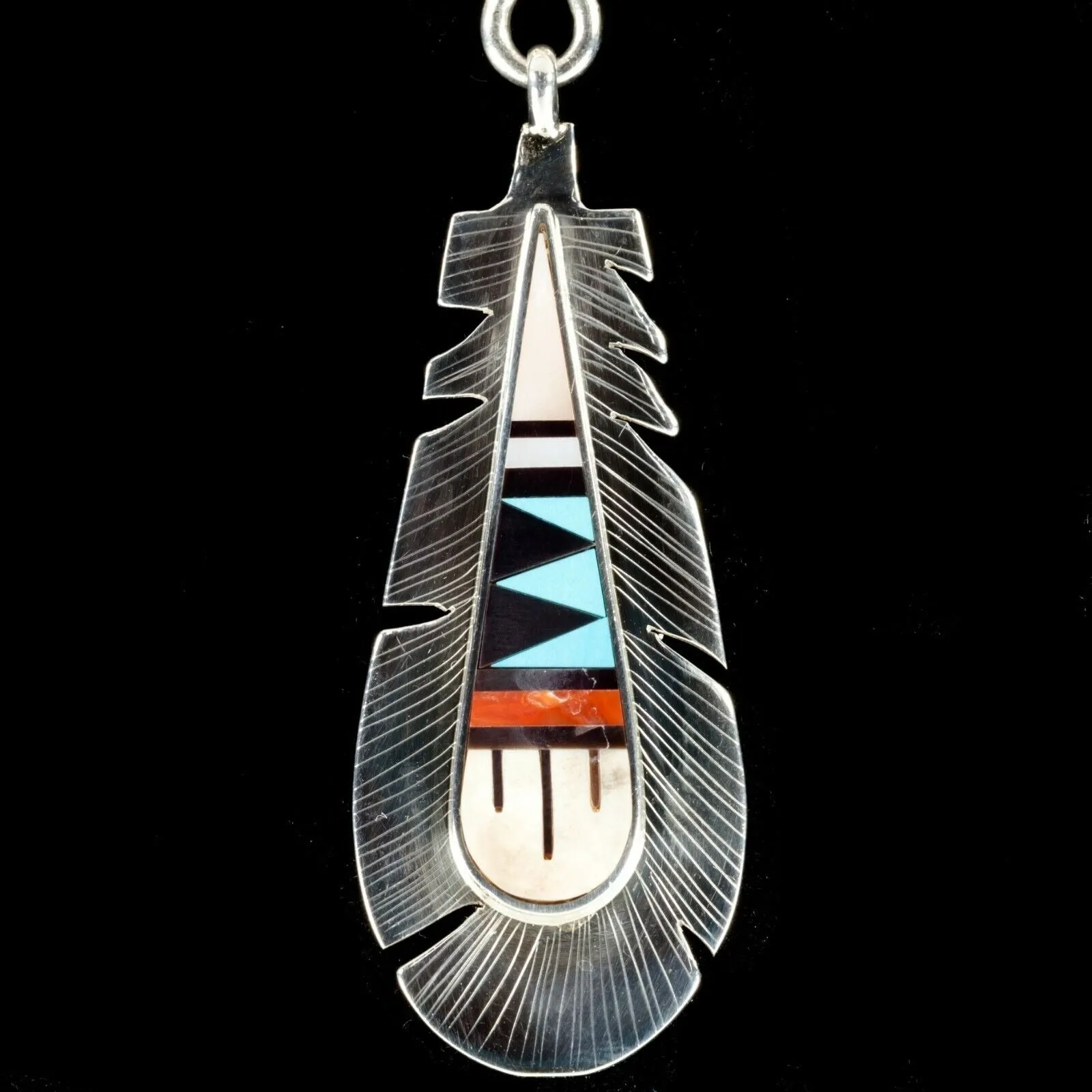 Rick & Lucy Vacit zuni Sterling & gemstone inlay Feather pendant 6"