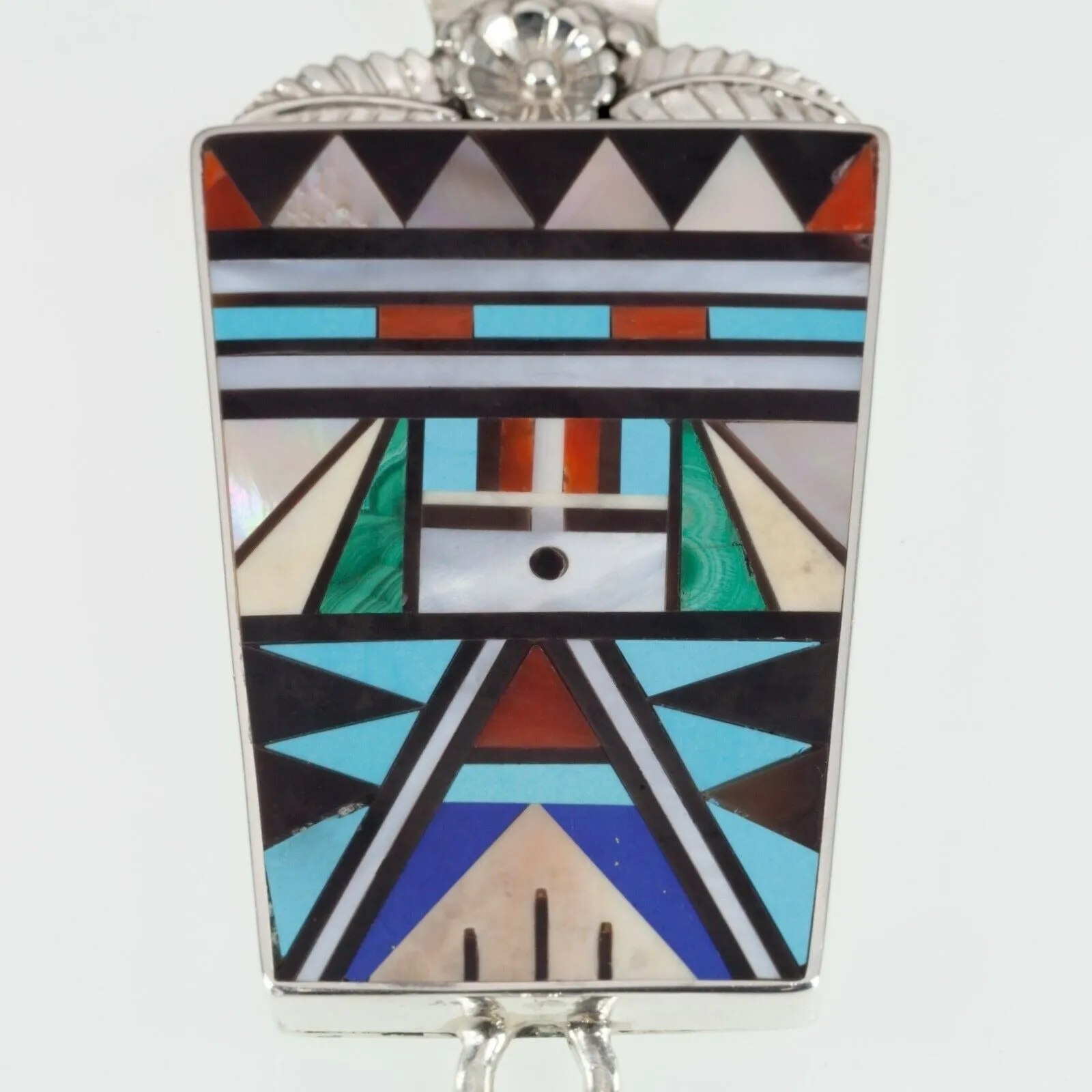 Rick & Lucy Vacit zuni Sterling & gemstone inlay Feather pendant 6"