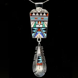 Rick & Lucy Vacit zuni Sterling & gemstone inlay Feather pendant 6"