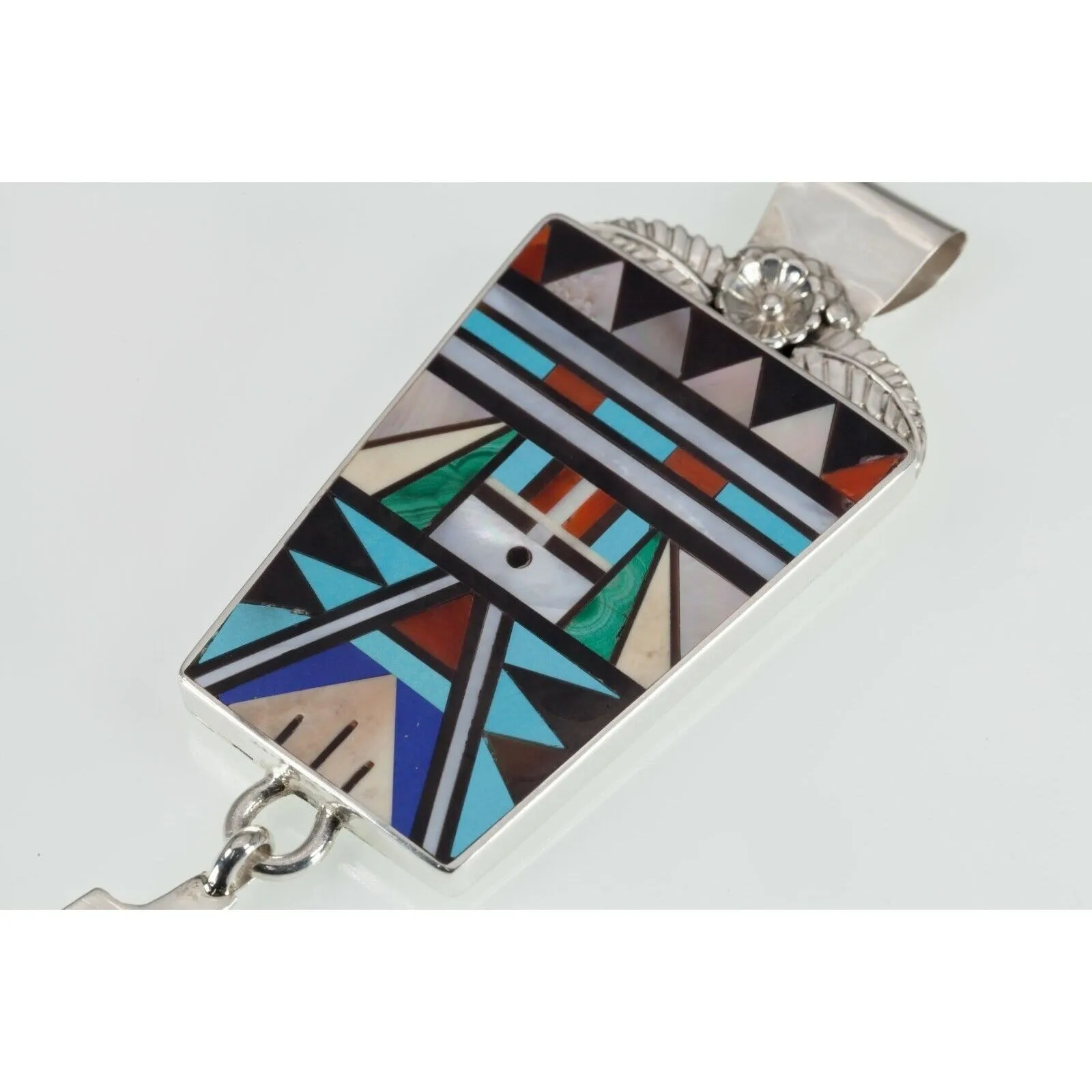 Rick & Lucy Vacit zuni Sterling & gemstone inlay Feather pendant 6"