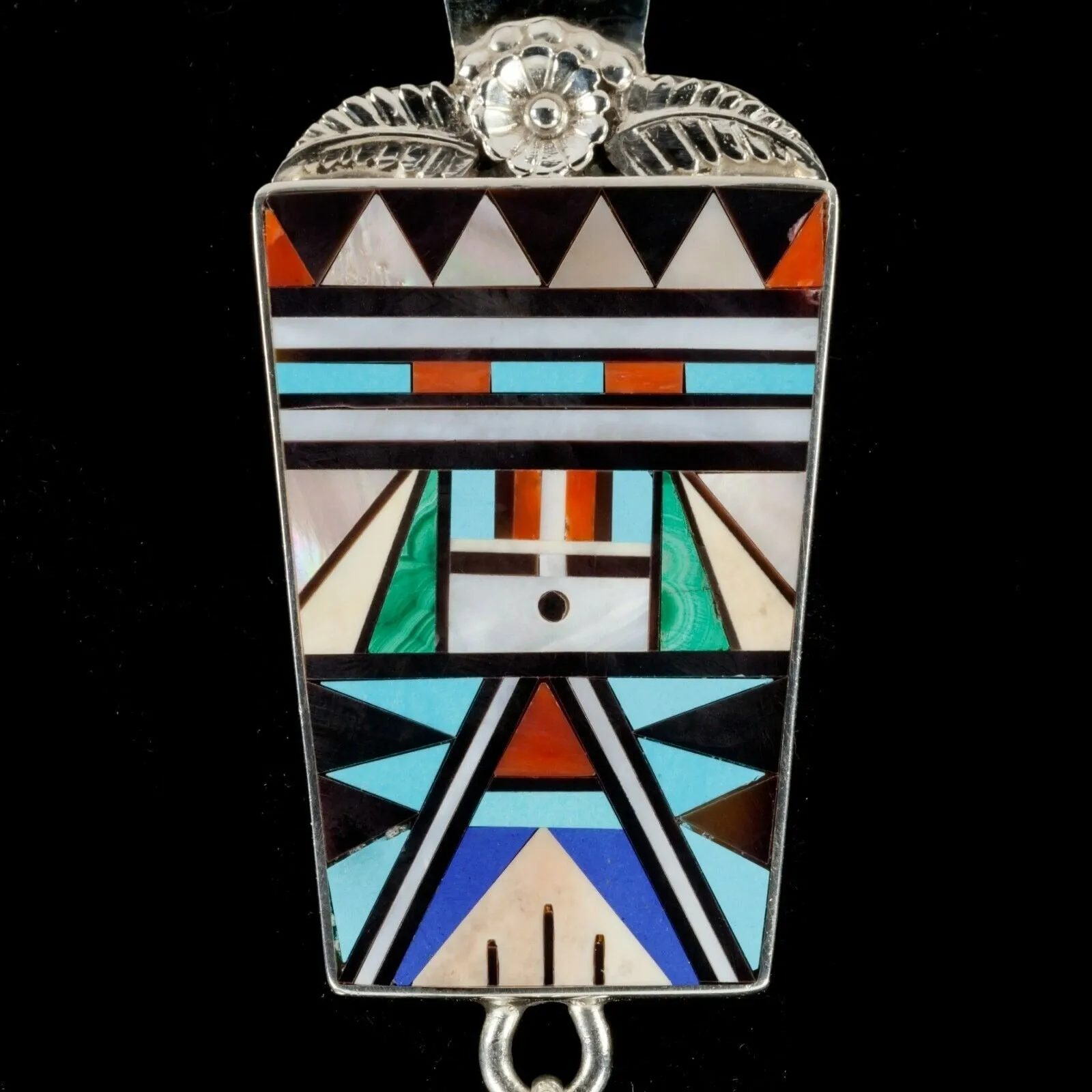 Rick & Lucy Vacit zuni Sterling & gemstone inlay Feather pendant 6"