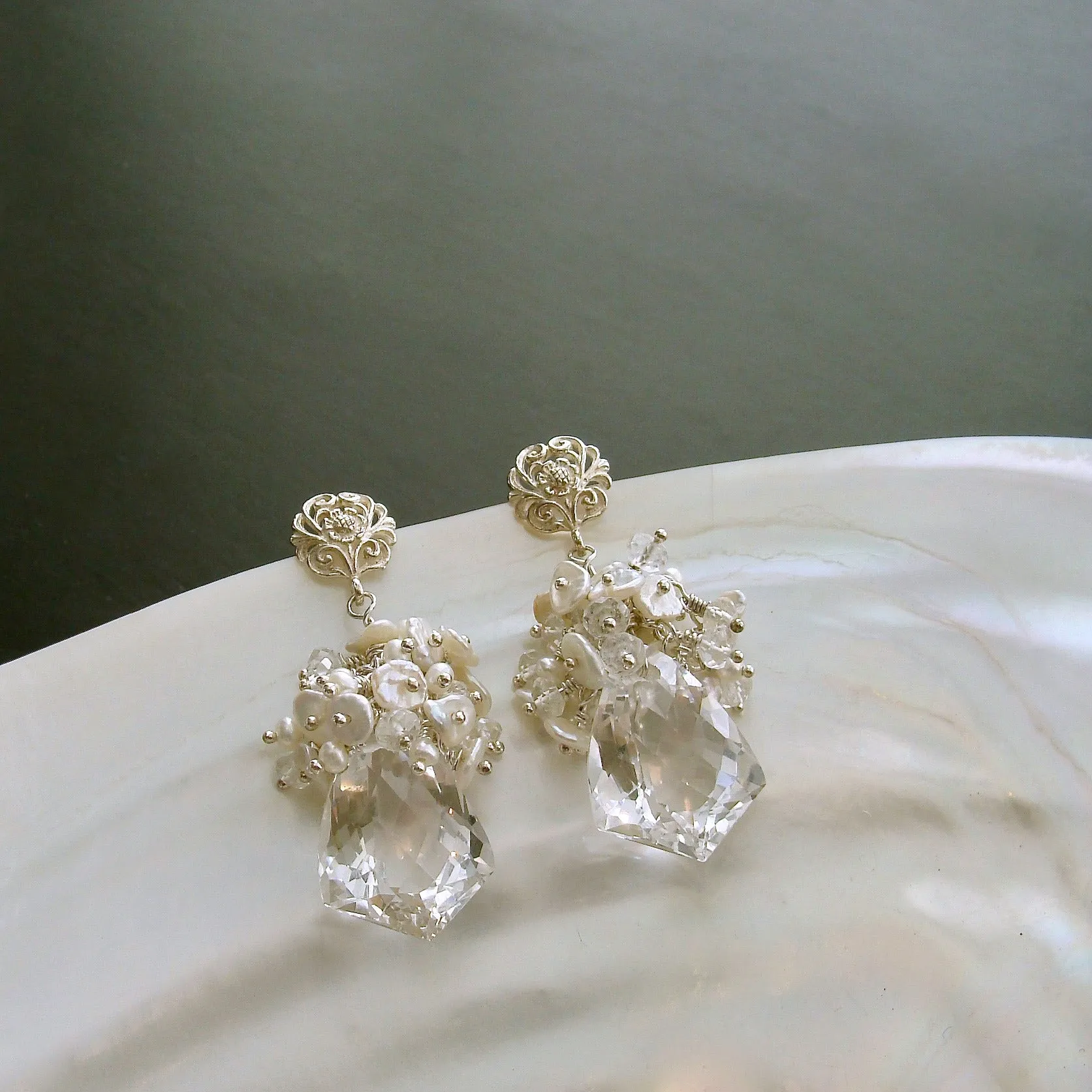 Rock Crystal Seed Pearl Keshi Pearl Bridal Earrings - Orange Blossom II Earrings