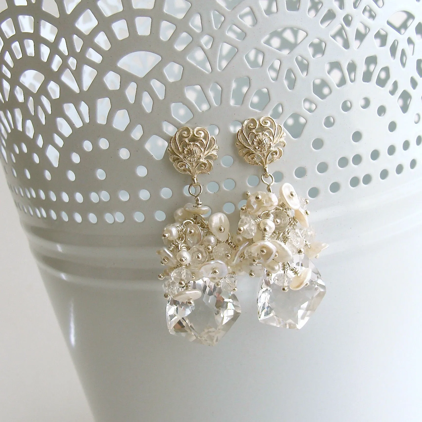 Rock Crystal Seed Pearl Keshi Pearl Bridal Earrings - Orange Blossom II Earrings