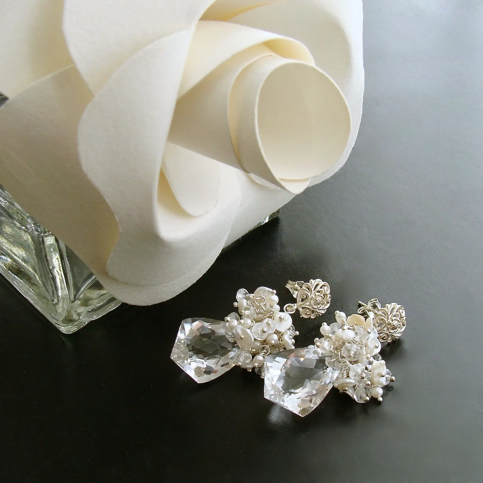 Rock Crystal Seed Pearl Keshi Pearl Bridal Earrings - Orange Blossom II Earrings