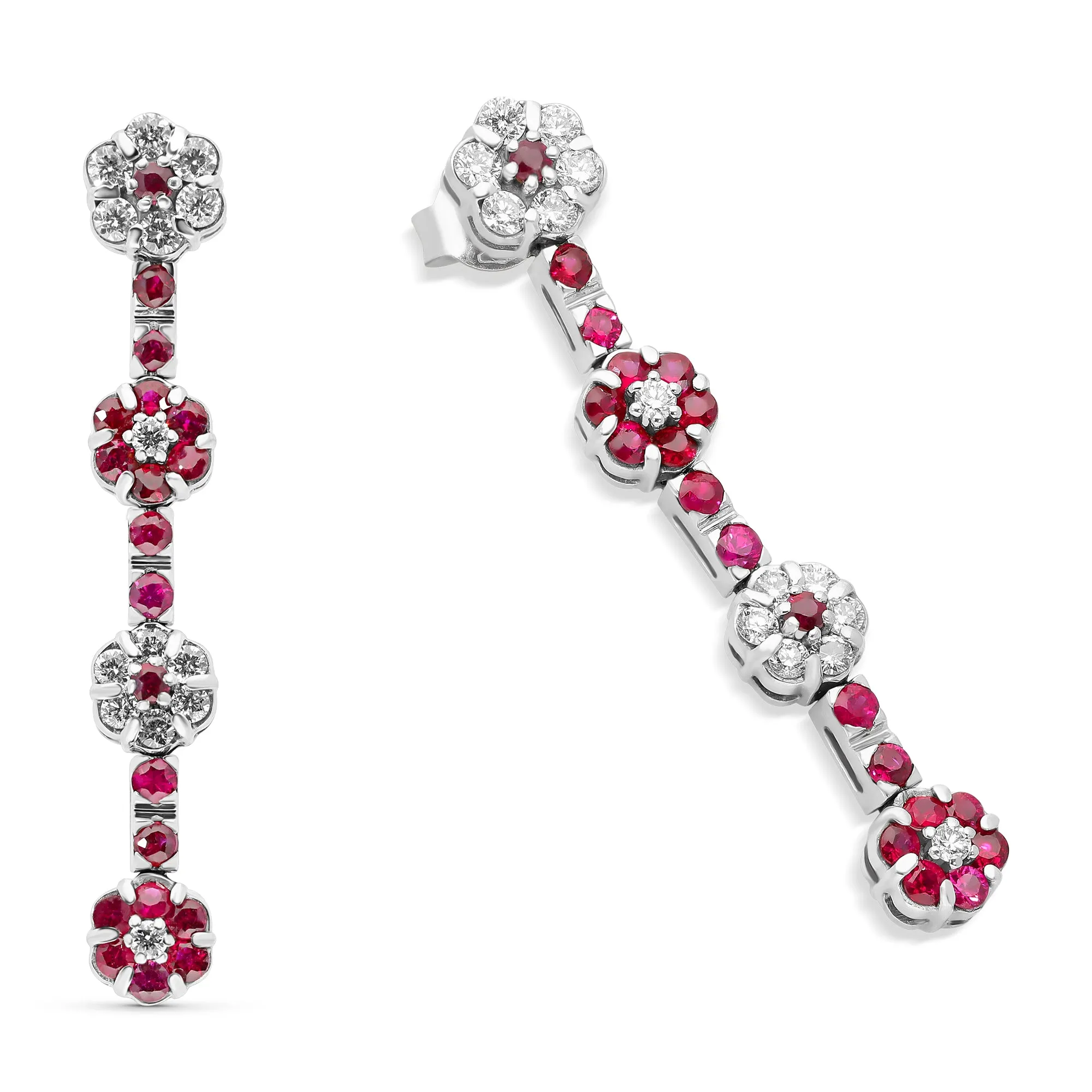 Ruby and Diamond Flower Dangling Earring - 2 Carat
