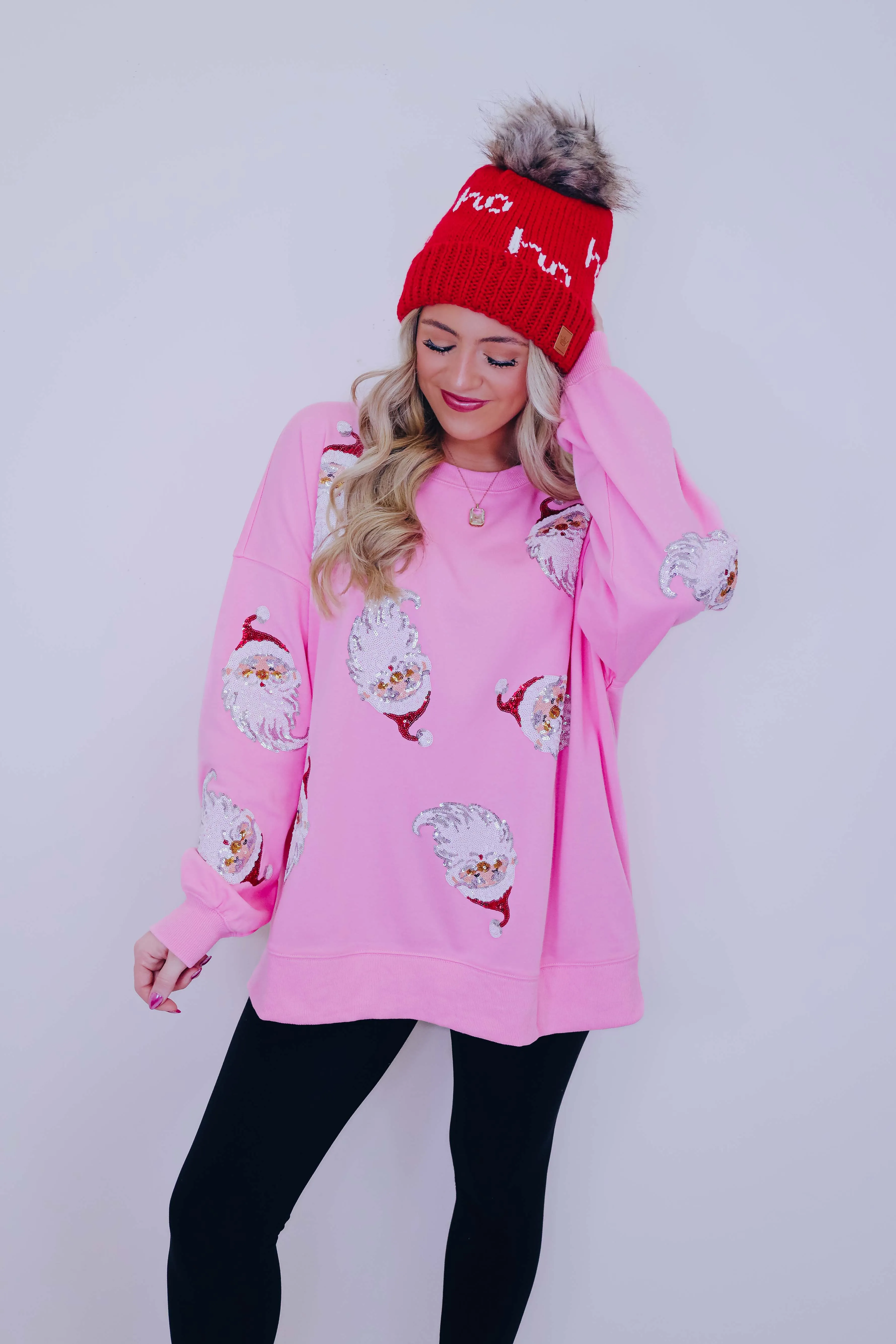 Santa Sequin Patch Sweatshirt - Pink