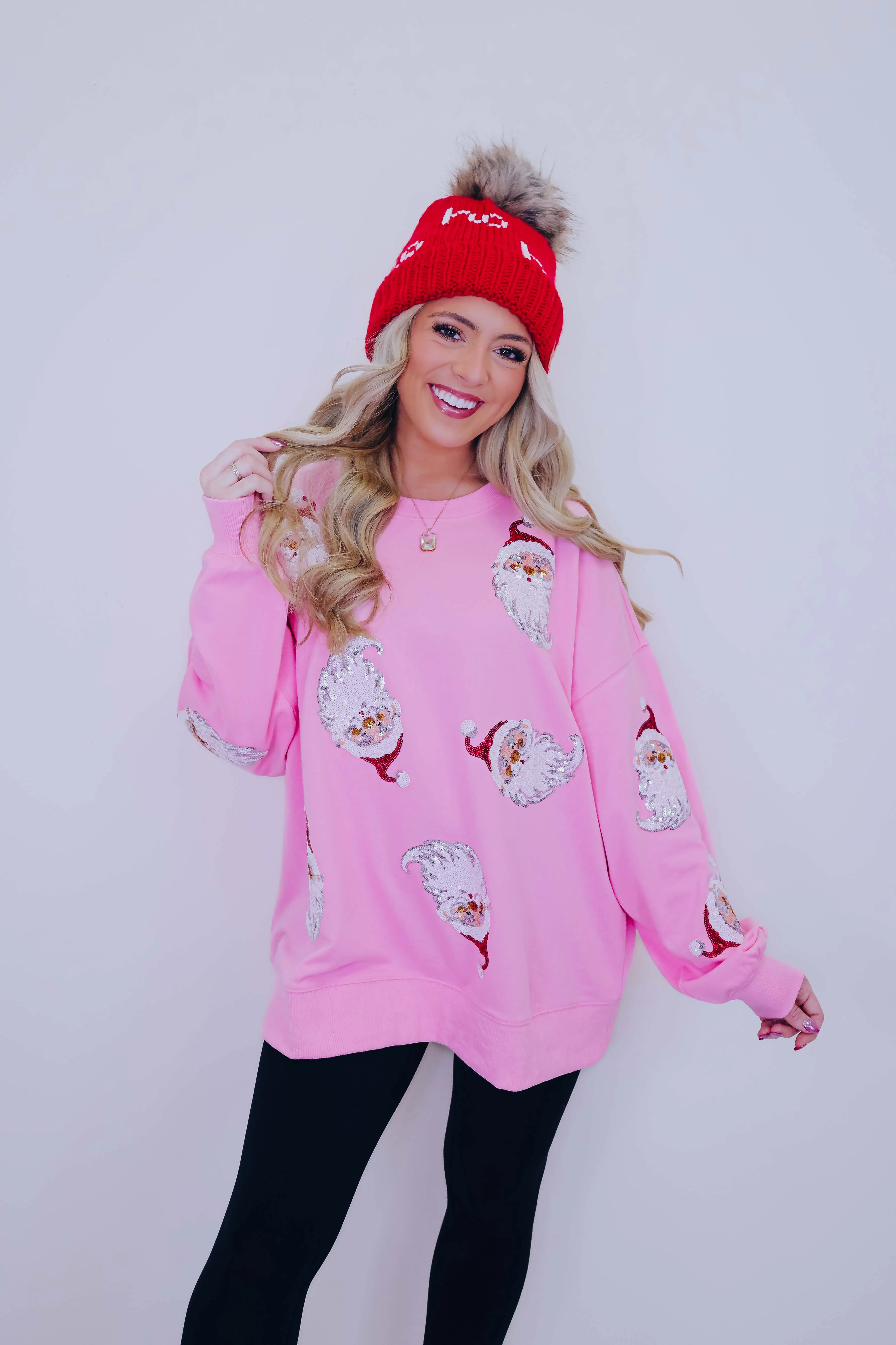 Santa Sequin Patch Sweatshirt - Pink