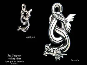 Sea Serpent Lapel Pin or Sea Serpent Brooch Sterling Silver