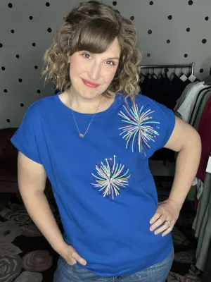 Short Sleeve Firework Sequin Top - Blue