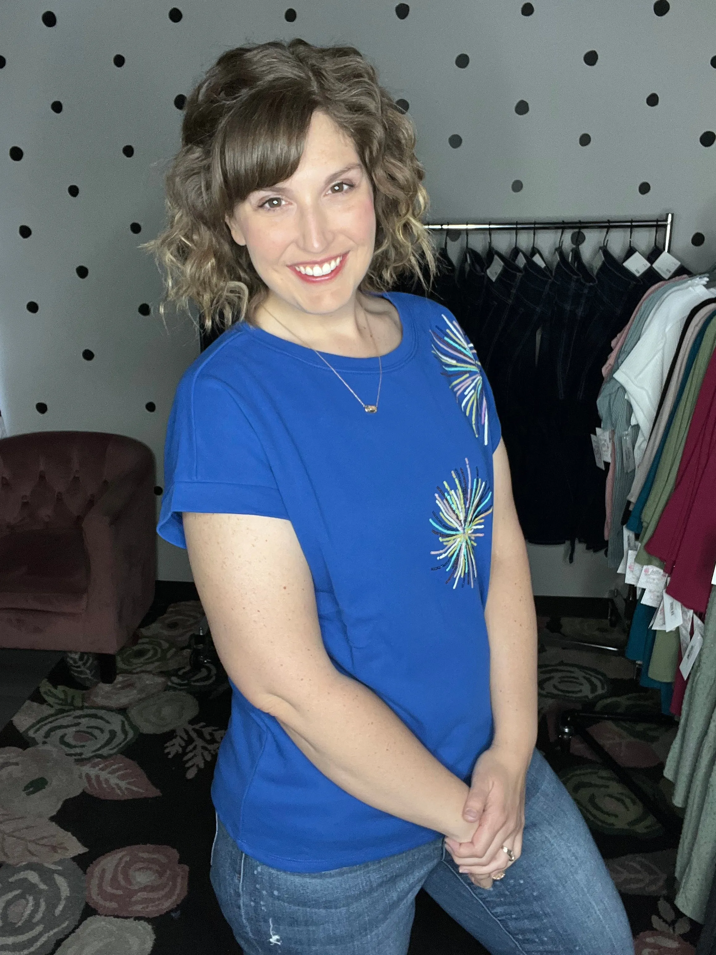 Short Sleeve Firework Sequin Top - Blue