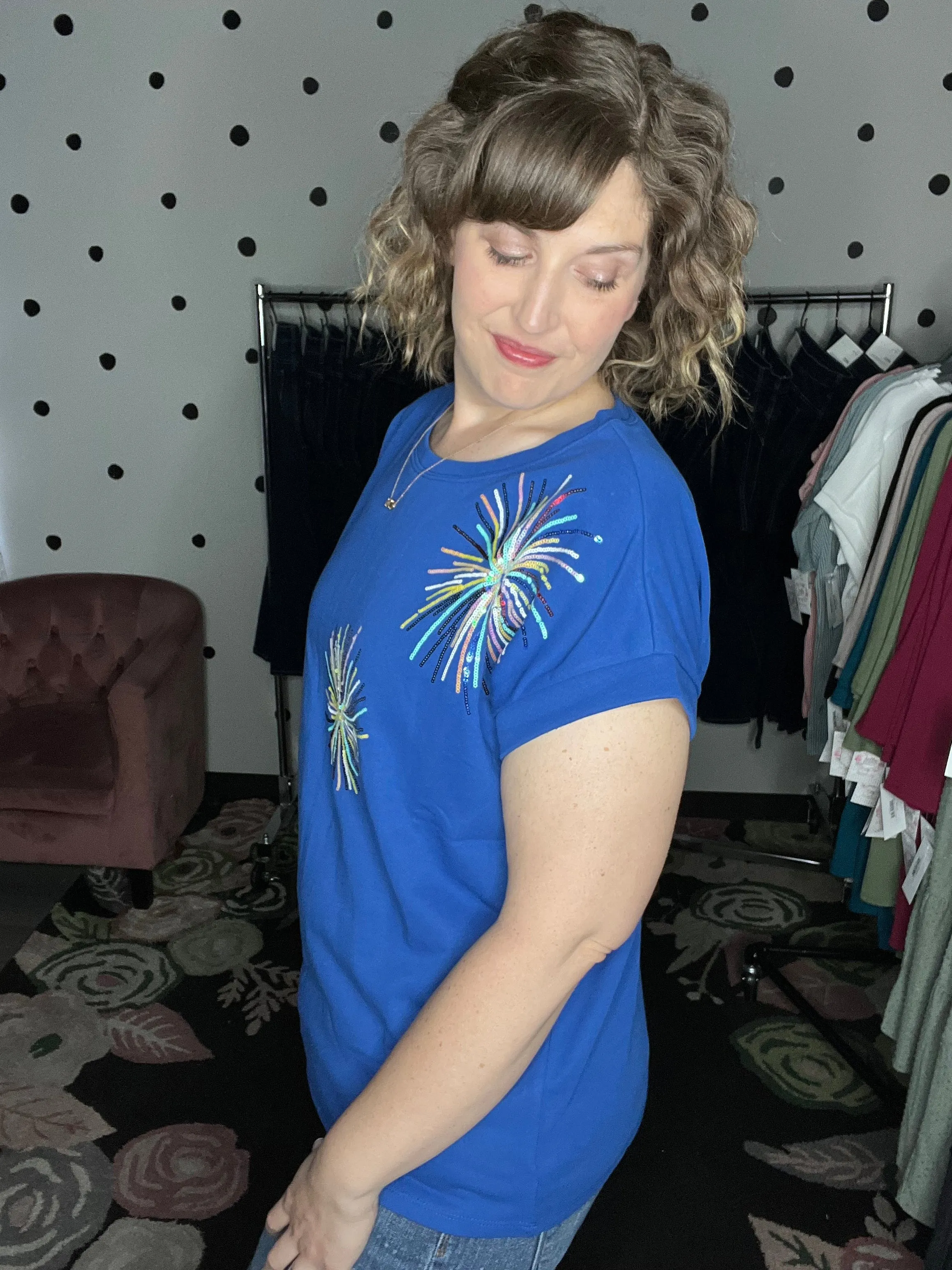 Short Sleeve Firework Sequin Top - Blue