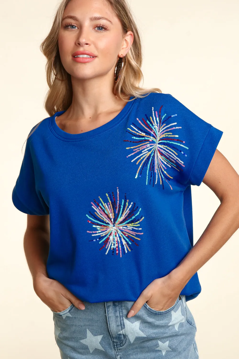 Short Sleeve Firework Sequin Top - Blue