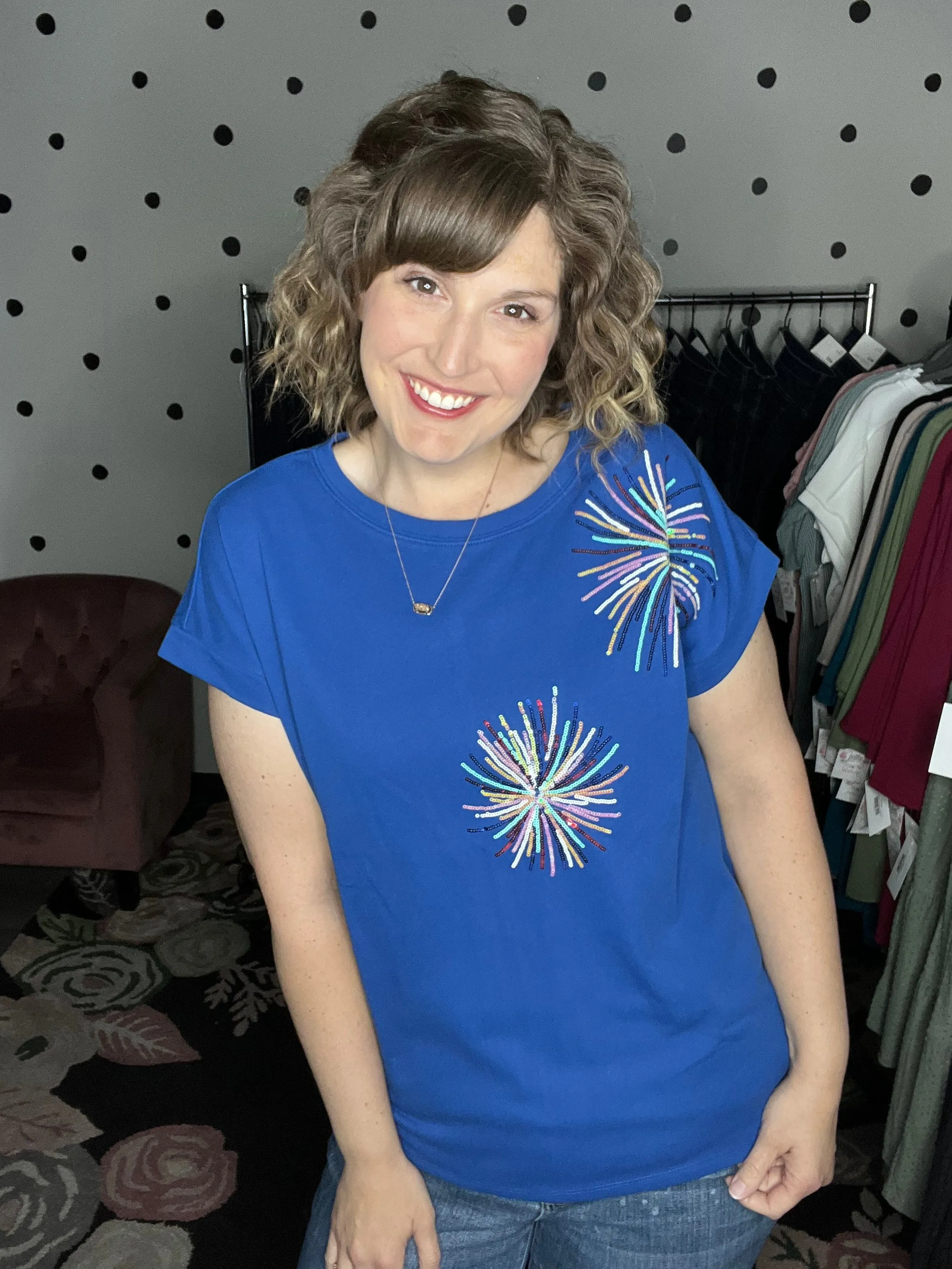 Short Sleeve Firework Sequin Top - Blue
