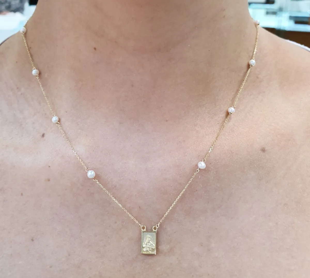 Single Small Scapular Medal on Pearl Necklace