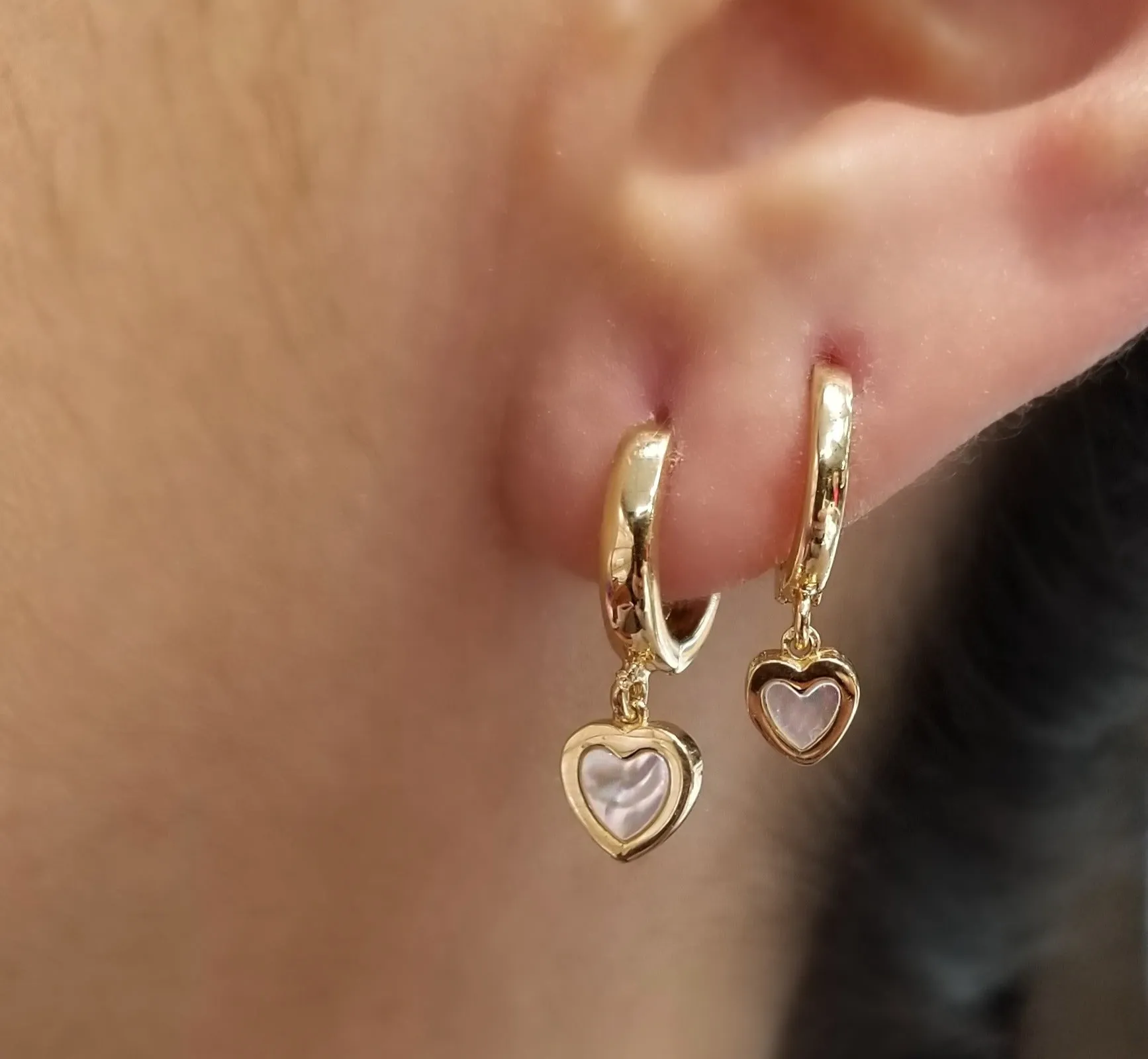 Small Mother of Pearl Heart Dangle Hoop Earrings