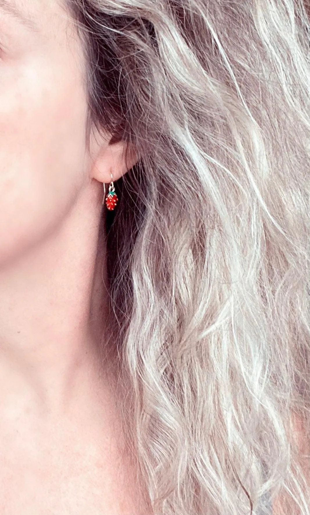 Small Strawberry Earrings, tiny strawberries, little red fruit earring, strawberry jewelry, strawberry dangle, gold strawberry charm