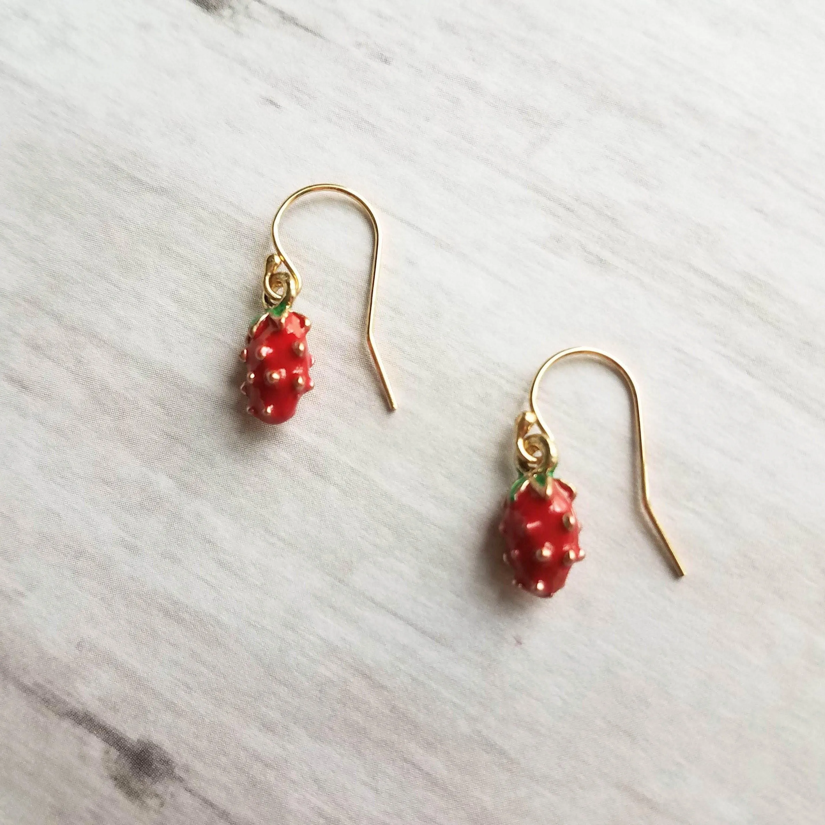 Small Strawberry Earrings, tiny strawberries, little red fruit earring, strawberry jewelry, strawberry dangle, gold strawberry charm