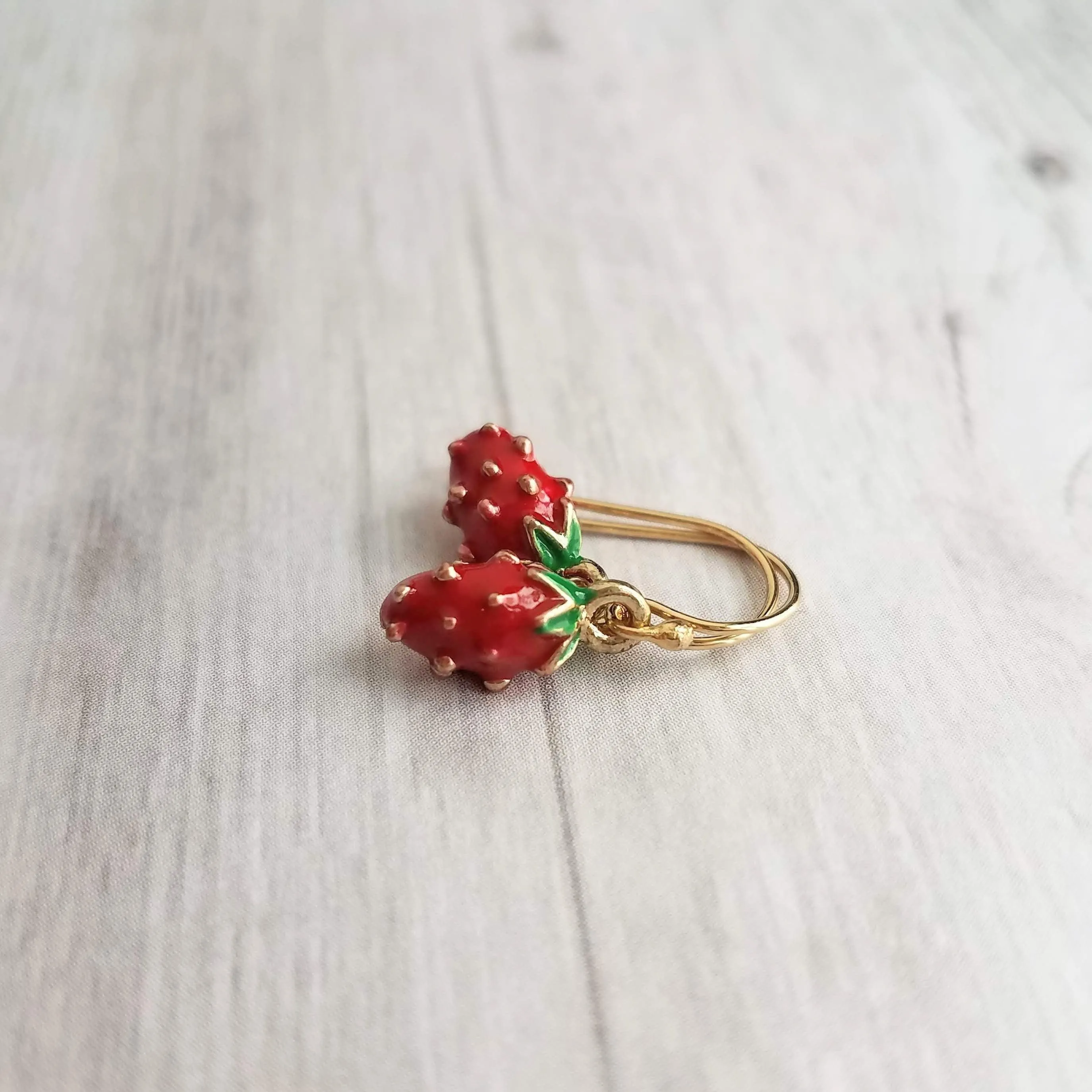 Small Strawberry Earrings, tiny strawberries, little red fruit earring, strawberry jewelry, strawberry dangle, gold strawberry charm