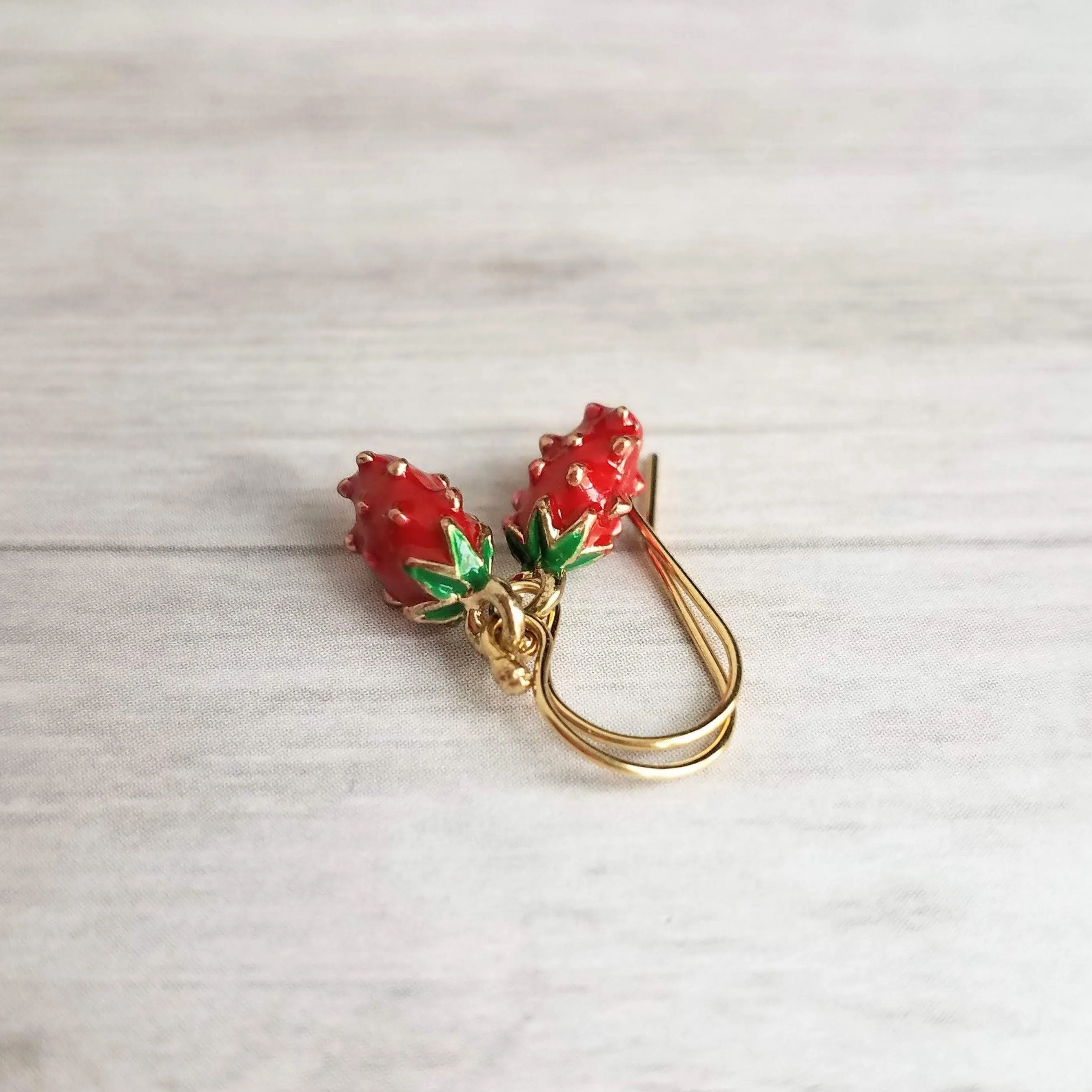 Small Strawberry Earrings, tiny strawberries, little red fruit earring, strawberry jewelry, strawberry dangle, gold strawberry charm