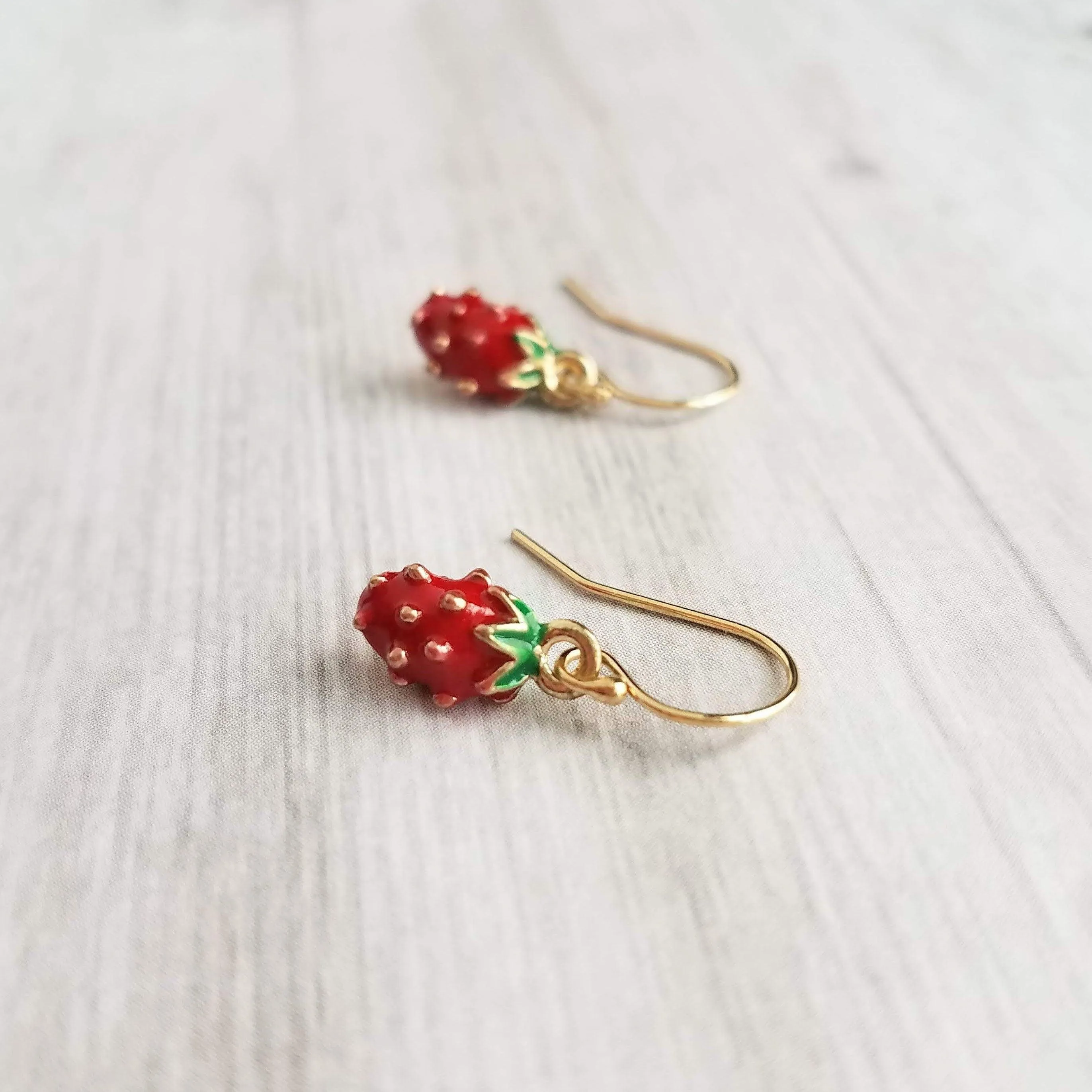 Small Strawberry Earrings, tiny strawberries, little red fruit earring, strawberry jewelry, strawberry dangle, gold strawberry charm