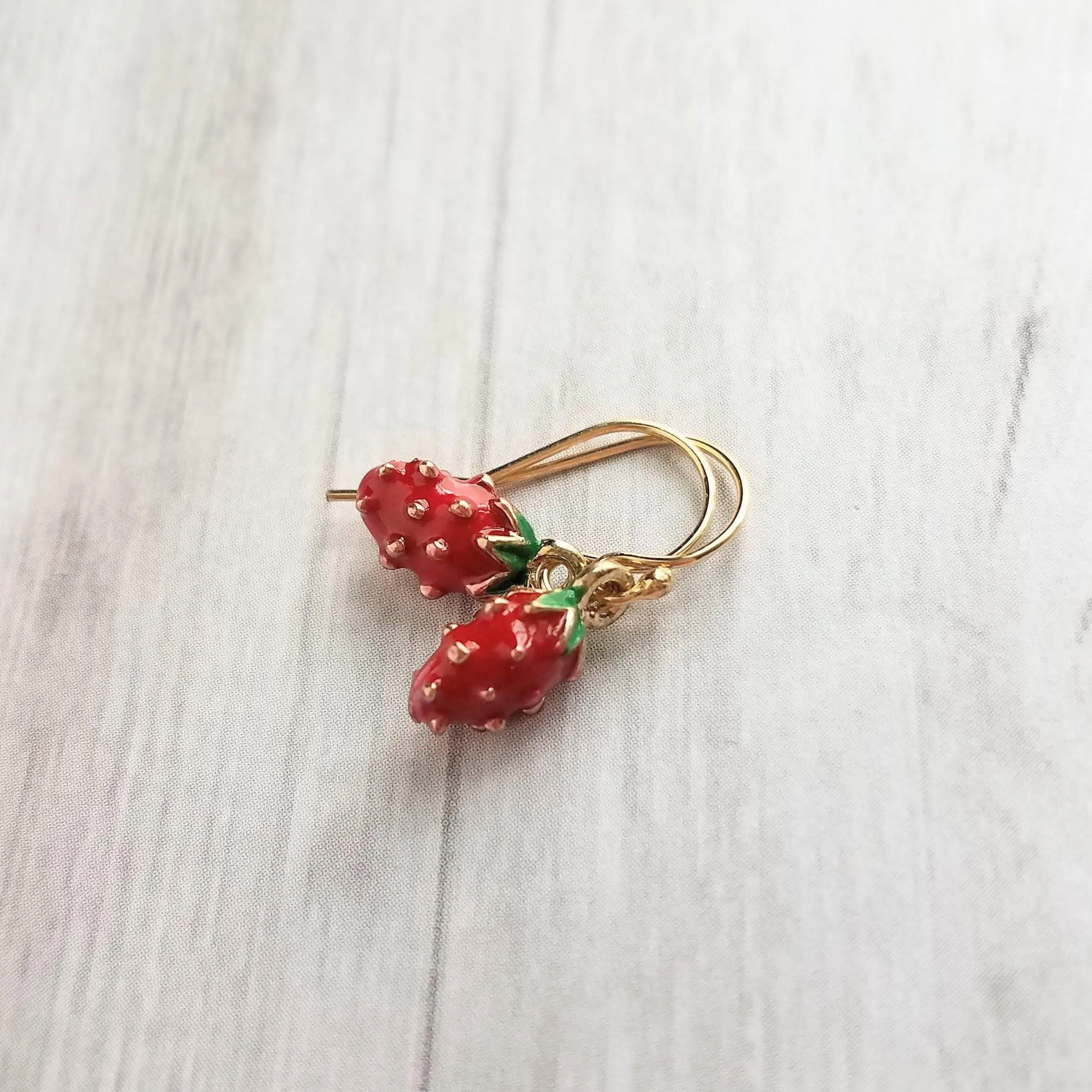 Small Strawberry Earrings, tiny strawberries, little red fruit earring, strawberry jewelry, strawberry dangle, gold strawberry charm