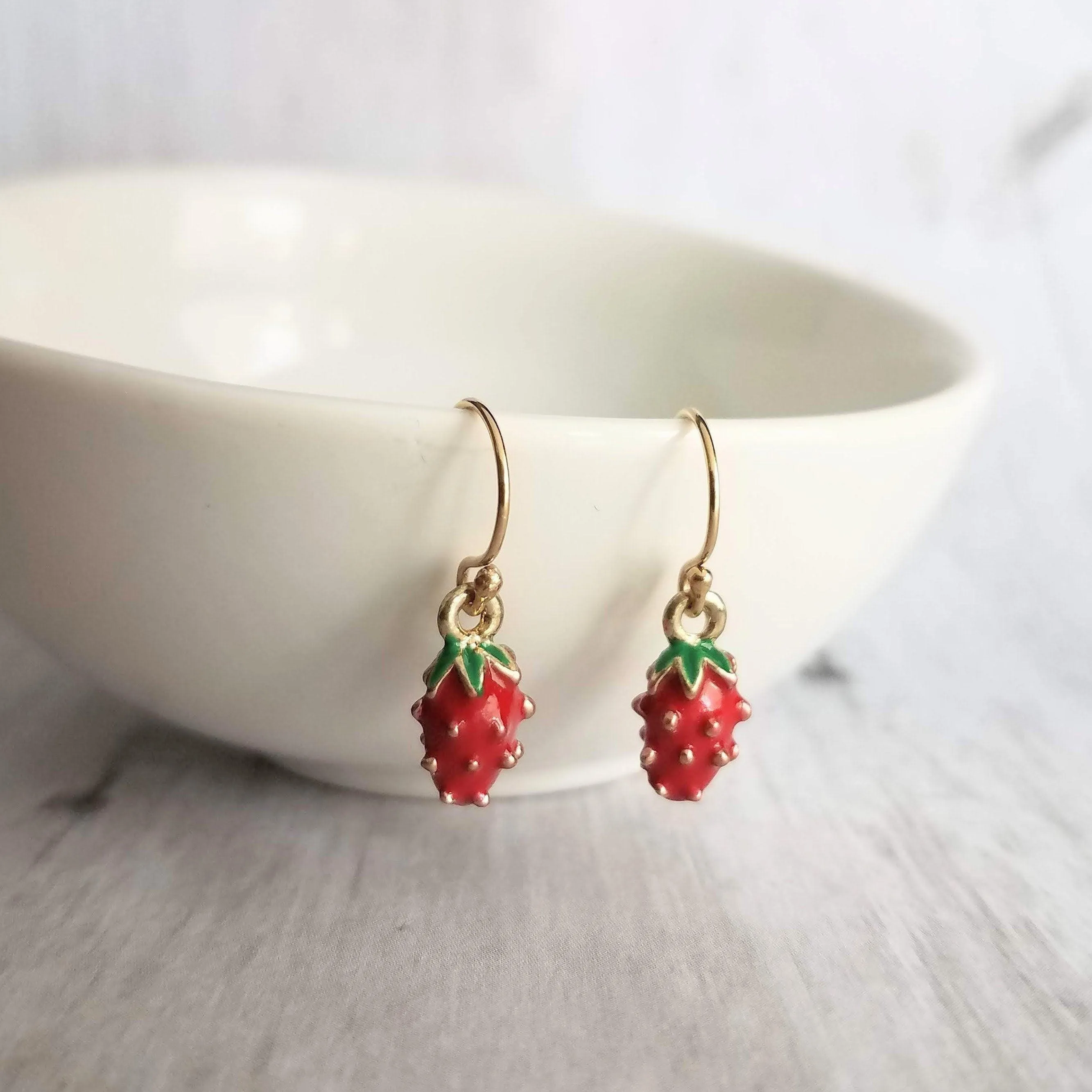 Small Strawberry Earrings, tiny strawberries, little red fruit earring, strawberry jewelry, strawberry dangle, gold strawberry charm