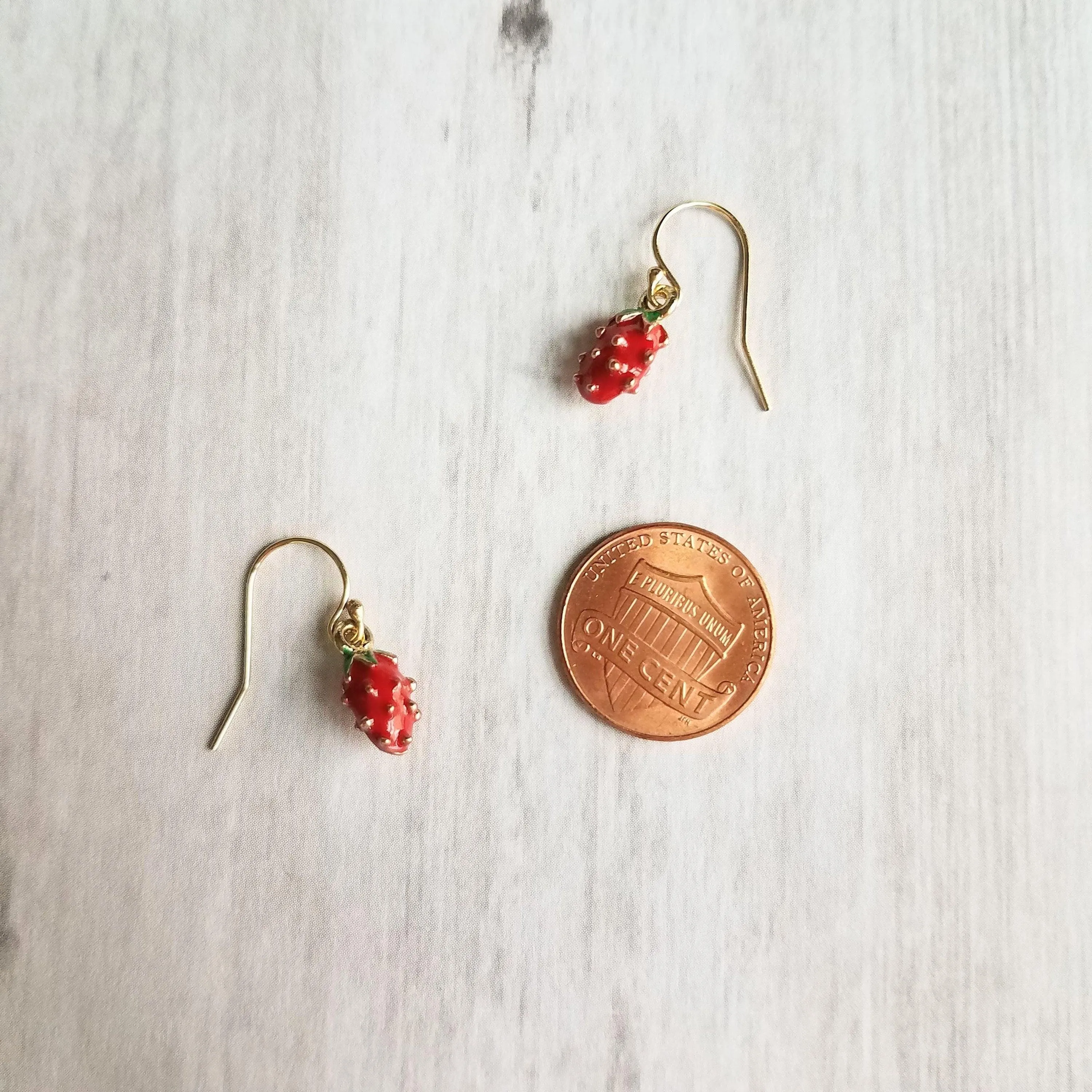 Small Strawberry Earrings, tiny strawberries, little red fruit earring, strawberry jewelry, strawberry dangle, gold strawberry charm