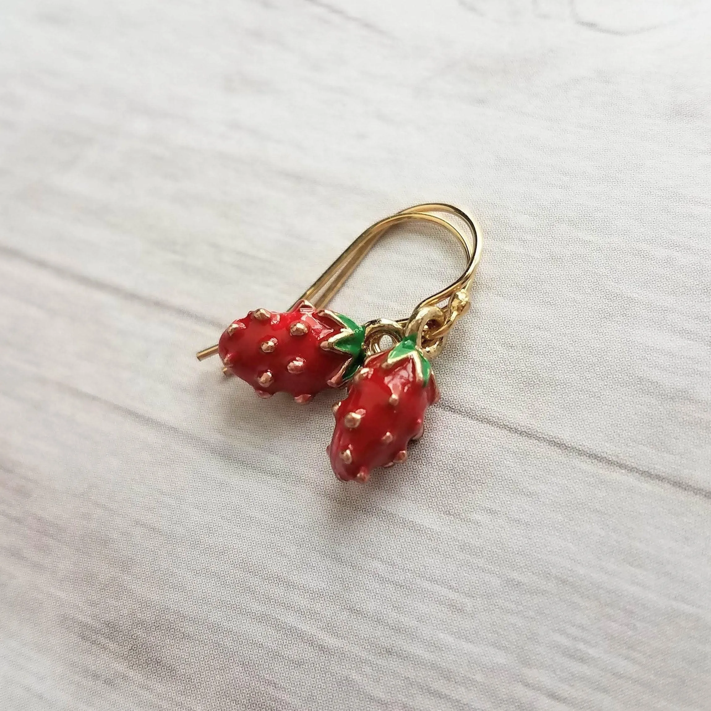 Small Strawberry Earrings, tiny strawberries, little red fruit earring, strawberry jewelry, strawberry dangle, gold strawberry charm