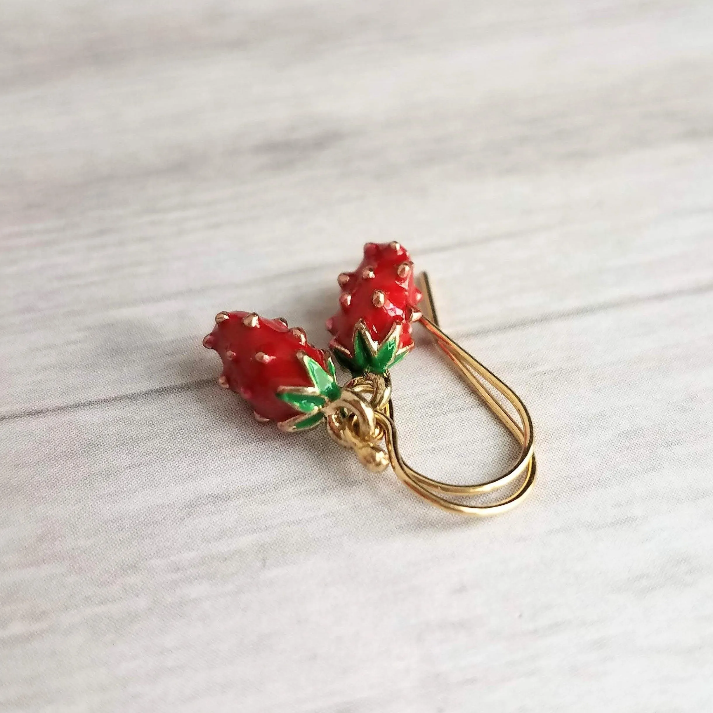 Small Strawberry Earrings, tiny strawberries, little red fruit earring, strawberry jewelry, strawberry dangle, gold strawberry charm