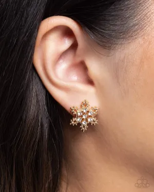 Snowflake Spell - Gold - White Rhinestone Christmas Holiday Paparazzi Post Earrings