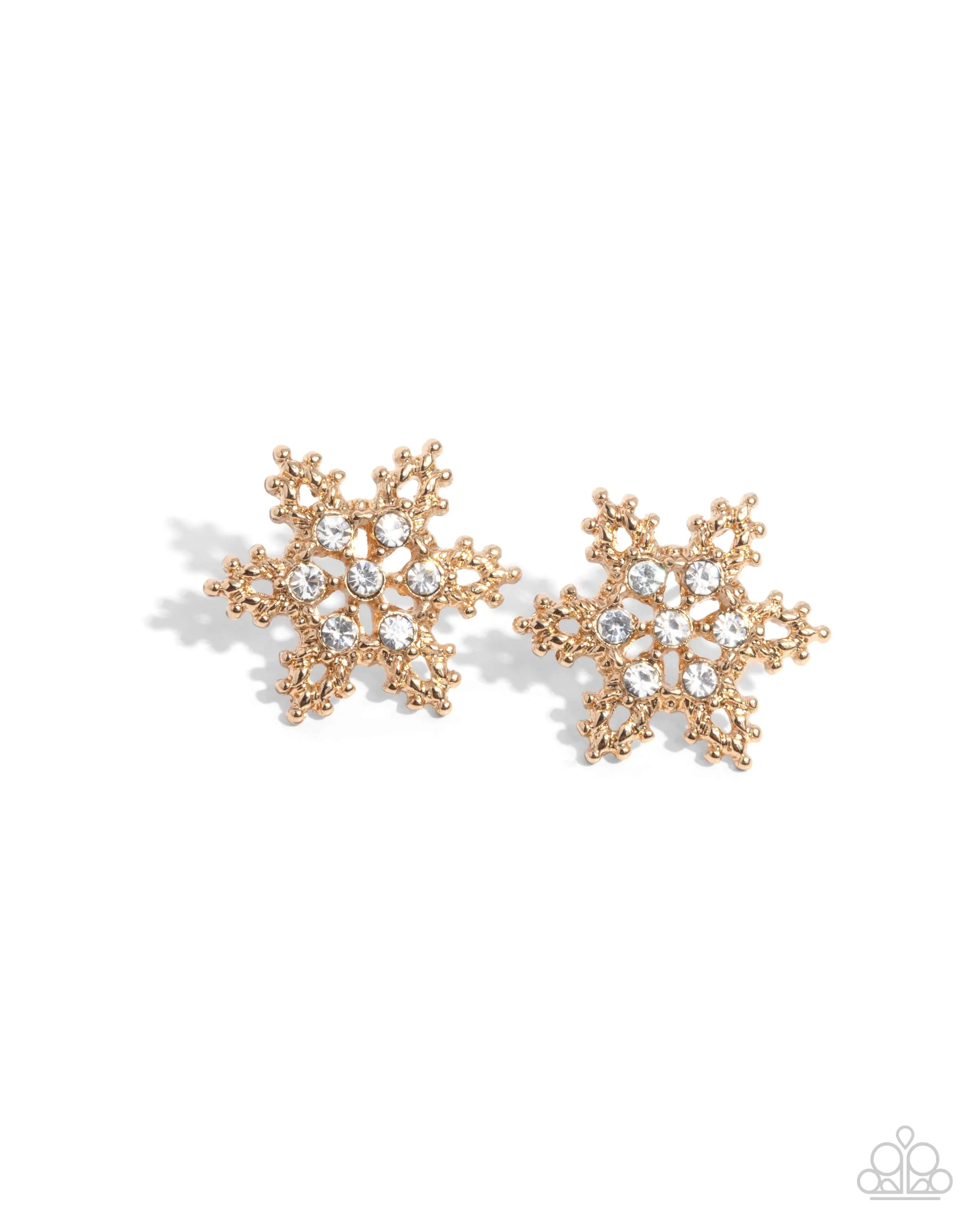 Snowflake Spell - Gold - White Rhinestone Christmas Holiday Paparazzi Post Earrings