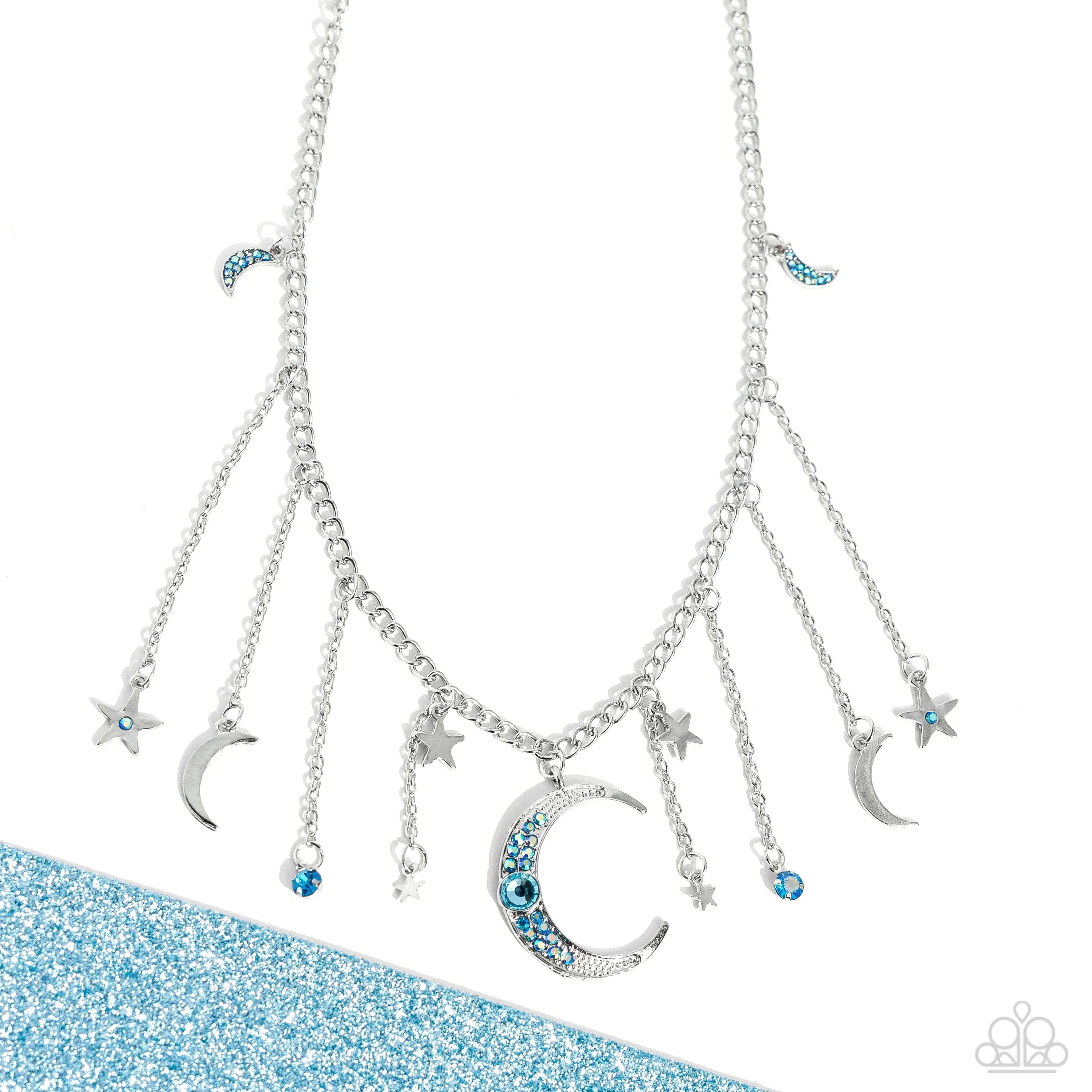 Stellar Selection - Blue - and Iridescent Rhinestone Moon and Star Paparazzi Short Necklace - 2024 Empower Me Pink Exclusive