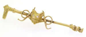 Stock Pin Vintage 14 kt Yellow Gold Fox Mask With Diamond Eyes on Bit and Hunt Whip Form