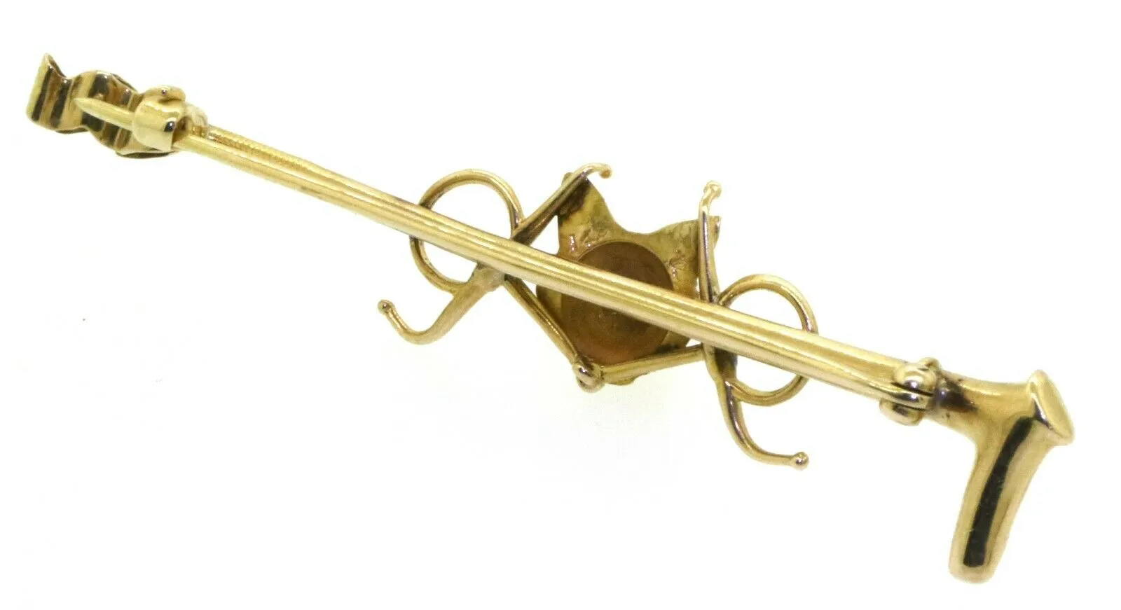 Stock Pin Vintage 14 kt Yellow Gold Fox Mask With Diamond Eyes on Bit and Hunt Whip Form