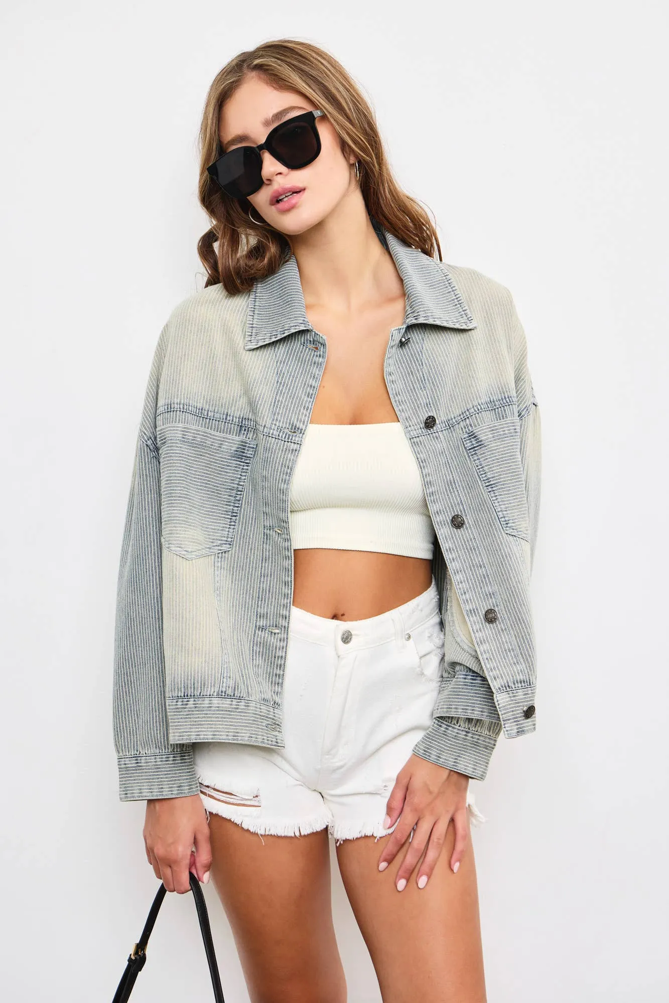 STRIPE OVERSIZED WASH DENIM JACKET